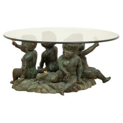 1960s Italian Figurative Putti Bronze and Brass Coffee Table, Beveled Top Glass