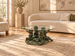 1960s Italian Figurative Putti Bronze and Brass Coffee Table, Beveled Top Glass
