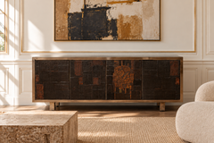Credenza belga degli anni '70 di Pia Manu con mosaico in ardesia da studio e piano in vetro