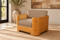 Poltrona lounge in rattan a più livelli in stile moderno organico degli anni '70, con dettagli in canna sottile