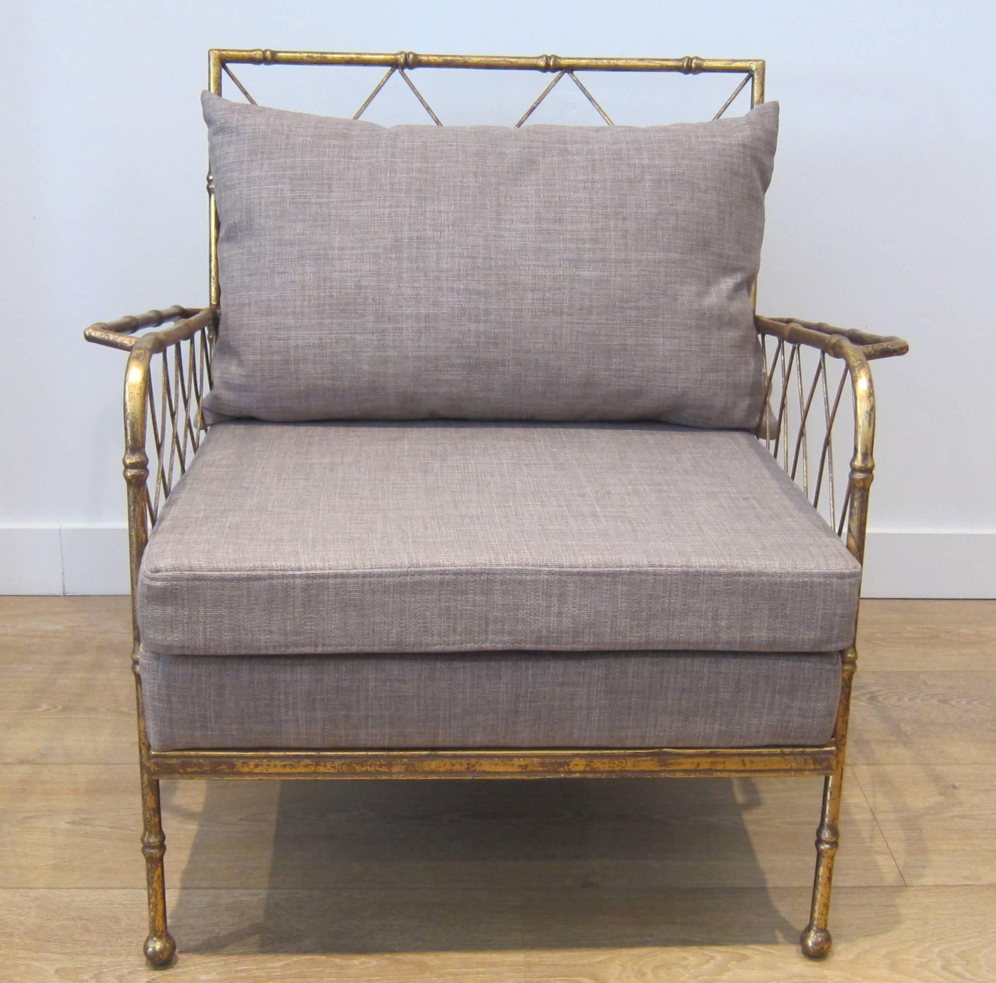 Contemporary Modern French Gilt Metal Faux Bamboo Lounge Chairs