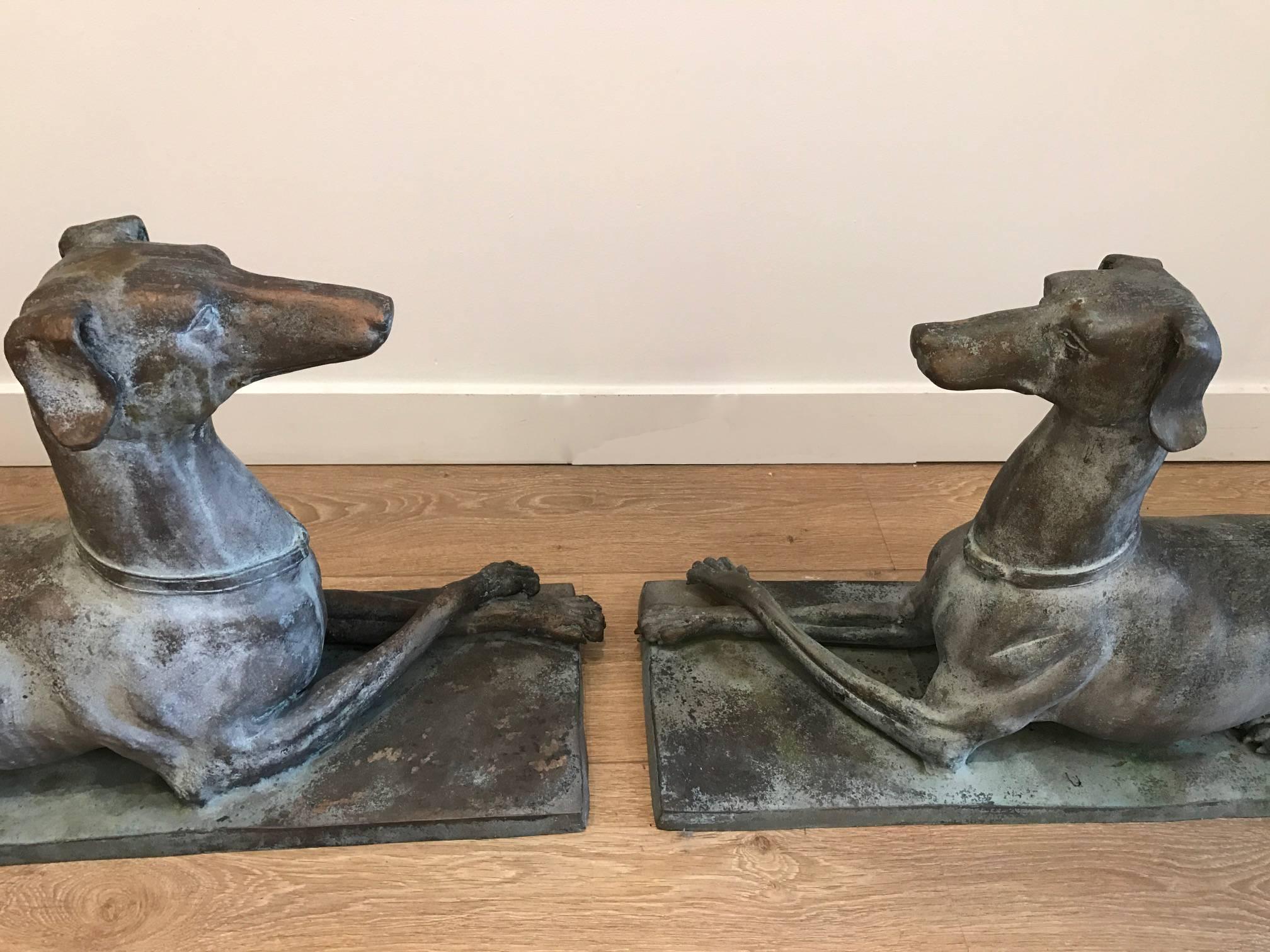 Pair of early 20th century bronze whippets garden sculptures, original verdigris patina. Wear consistent with exposure to the outdoor elements.
Provenance available.

For additional questions regarding this item, please click the 