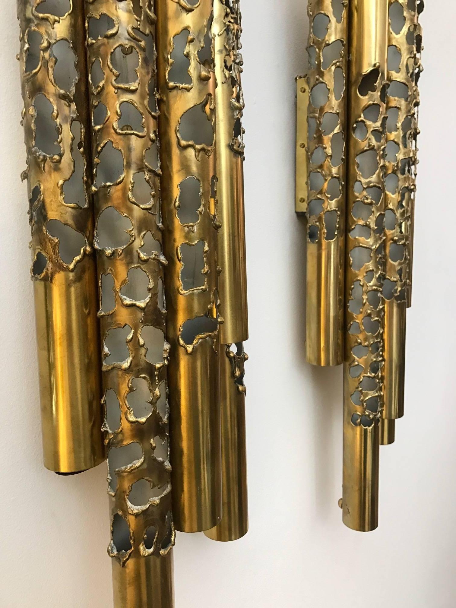  Brutalist Style Brass Wall Sconces. In Excellent Condition In Miami, FL