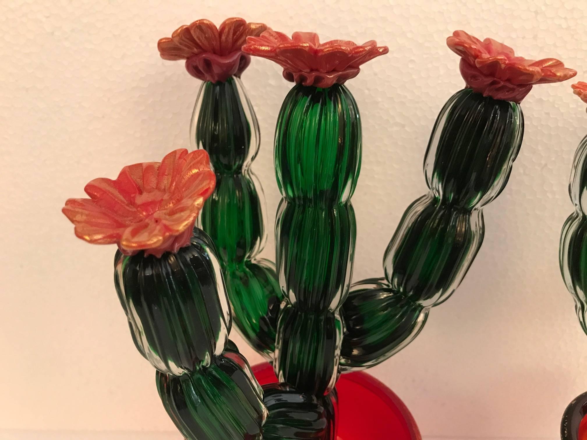 Blown Glass Two Murano Glass Cactus in Pots
