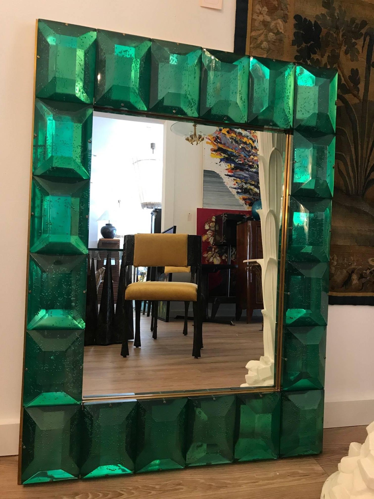 Italian  Customizable Faceted Murano Glass Mirror in Emerald Green