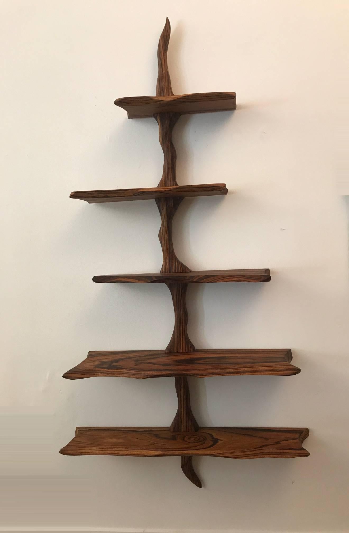 Free-form studio craft sculpted exotic wood wall hanging shelves.