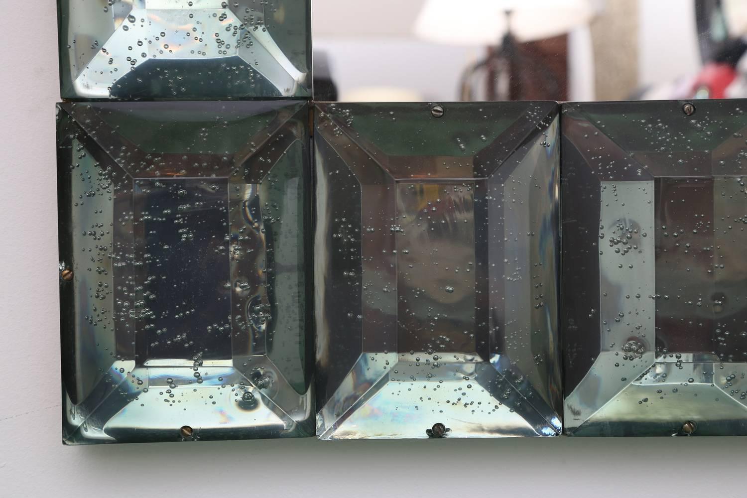 Contemporary Modern Italian Aqua Green Faceted Glass Mirror