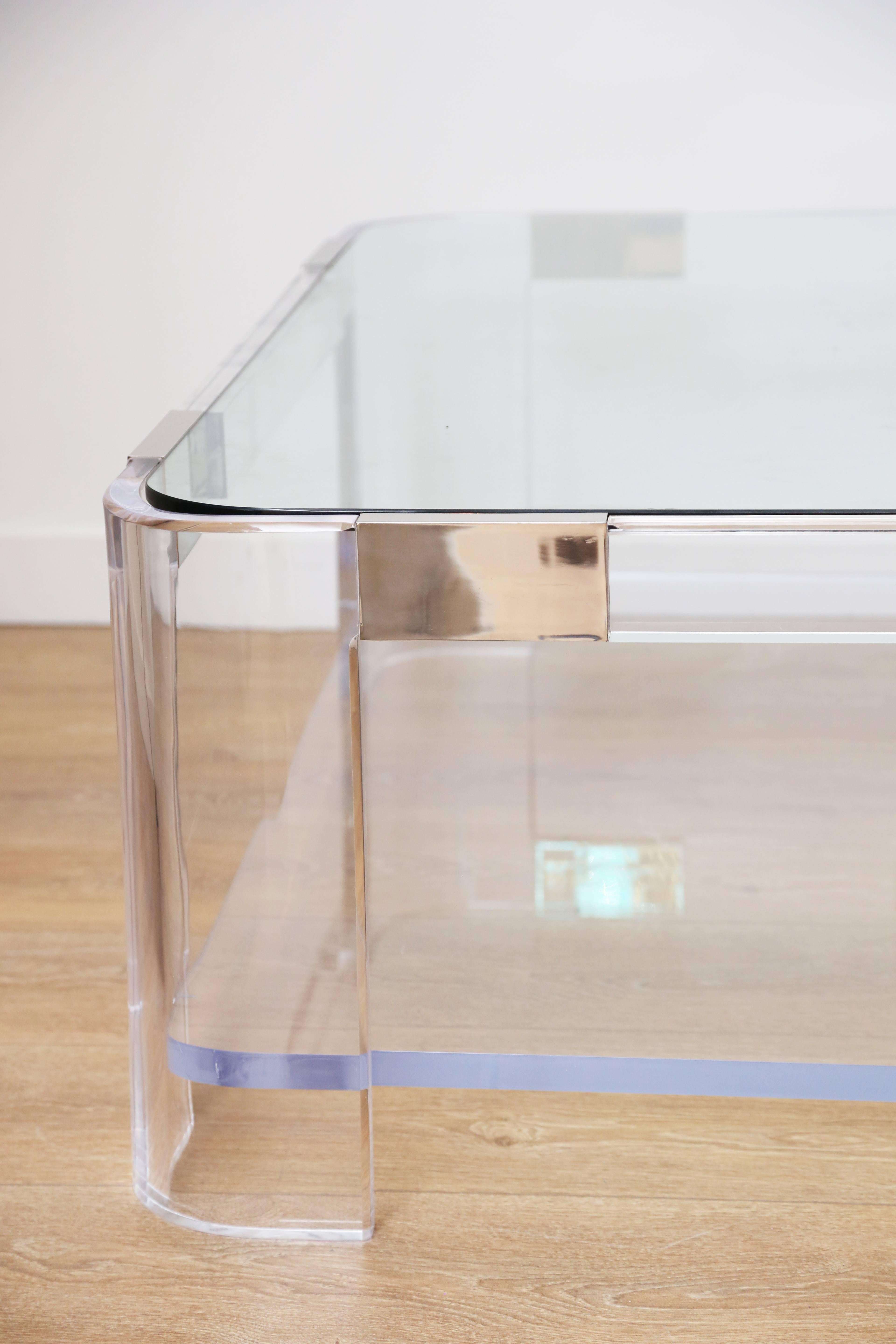 Nickel Large Lucite Two-Tier Coffee Table by Charles Hollis Jones.
