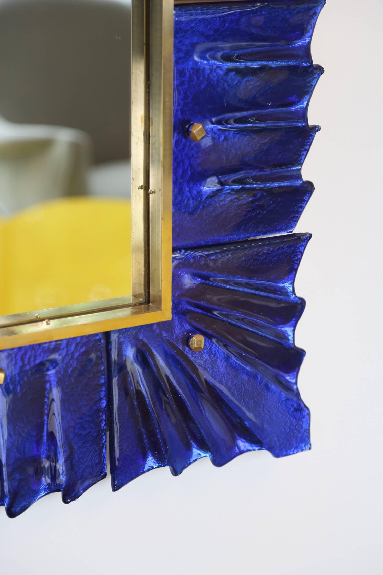 Mid-Century Modern Rectangular Murano Cobalt Blue Glass Mirror