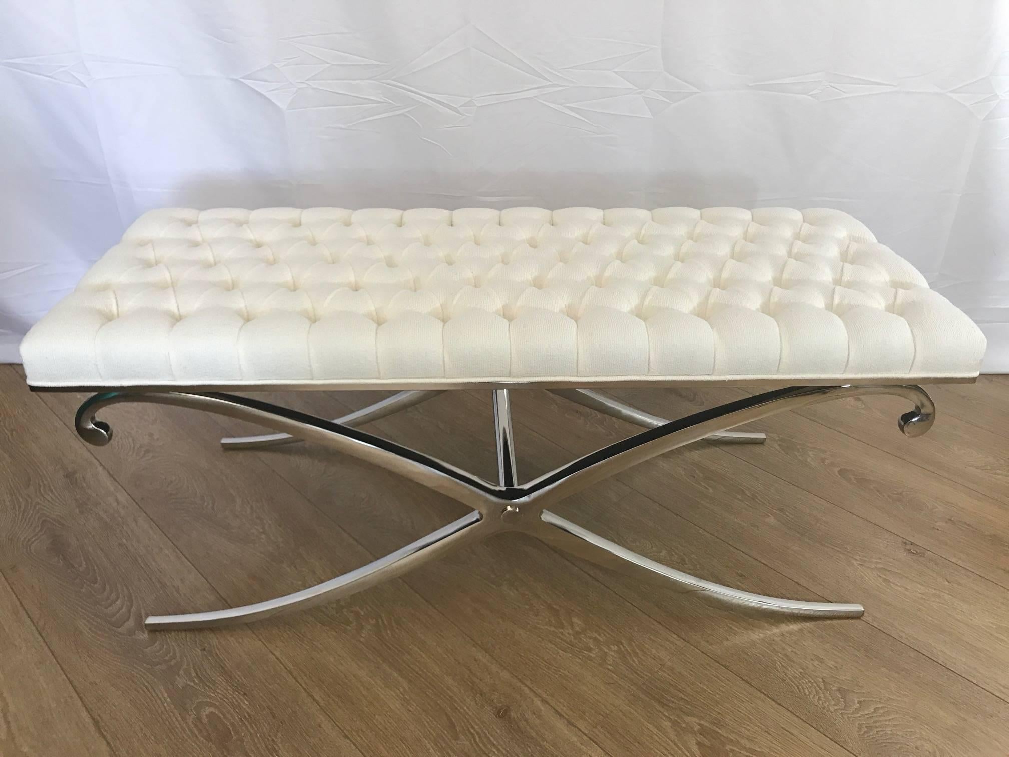Elegant pair of neoclassical nickel plated X-base benches. Newly upholstered with white bouclé fabric.
Since they can be purchased separately, price is per item.