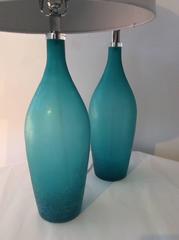 Pair Mid-Century Modern Italian Murano Scavo Corroso Teal Glass Table Lamps