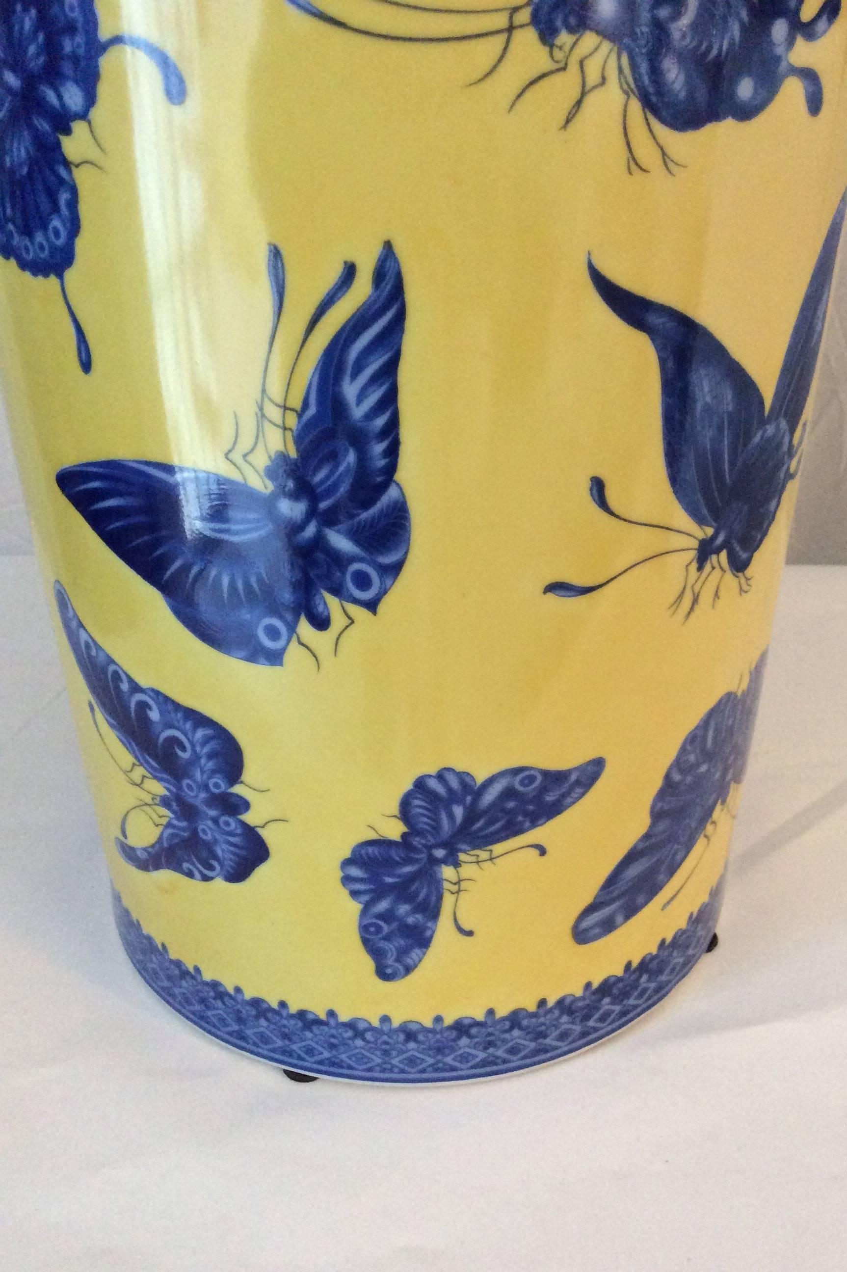 Appliqué Mid-Century Modern Fornasetti Style Porcelain Umbrella Stand Butterflies For Sale