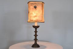 Italian Cast Bronze Candlestick Mounted as a Table Lamp with Antique Hide Shade