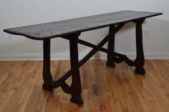 Italian Walnut Trestle Table with Wooden Stretcher, Late 17th Century and Later