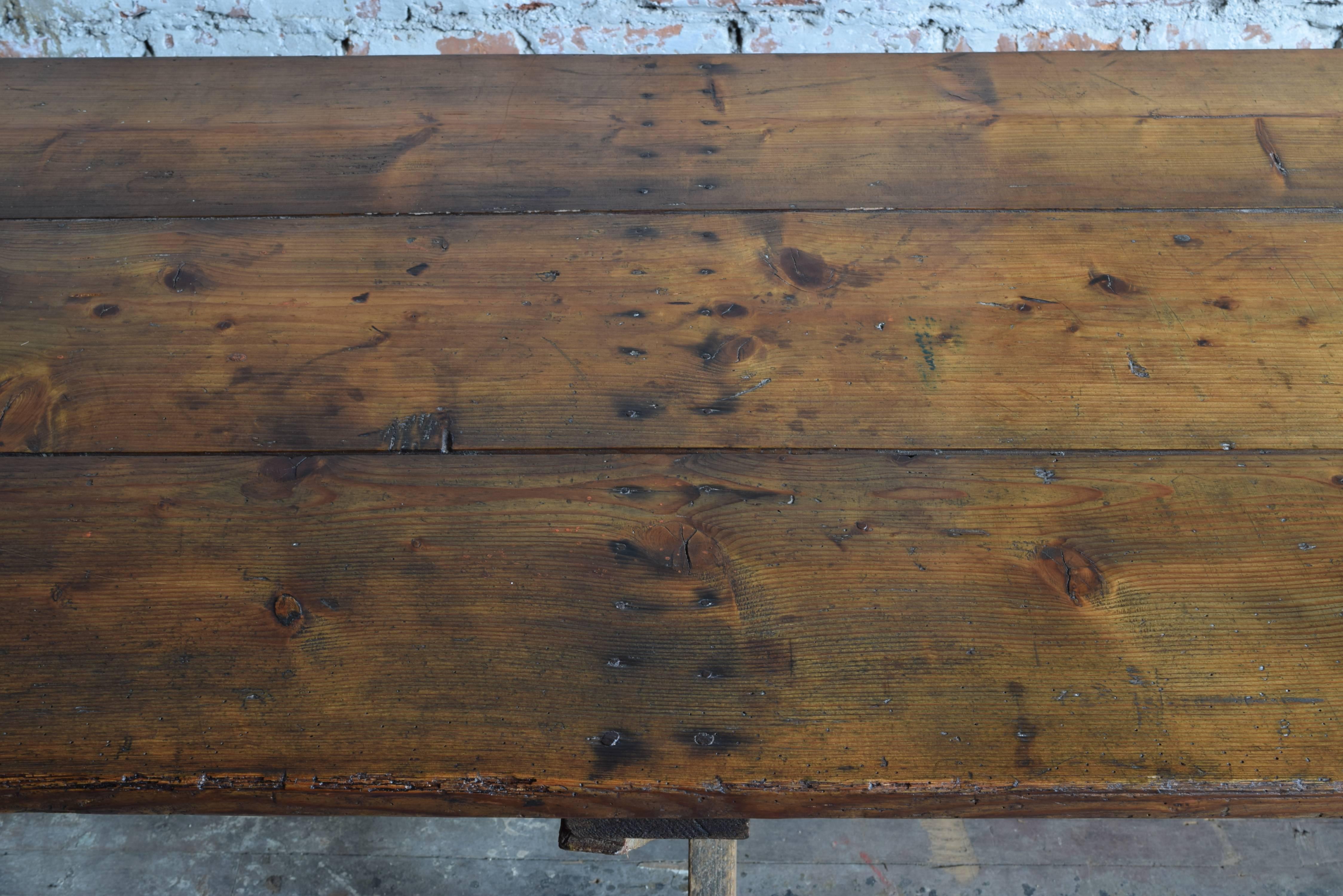 Enormous French Pine Dining Table on Triple Trestle Base 1