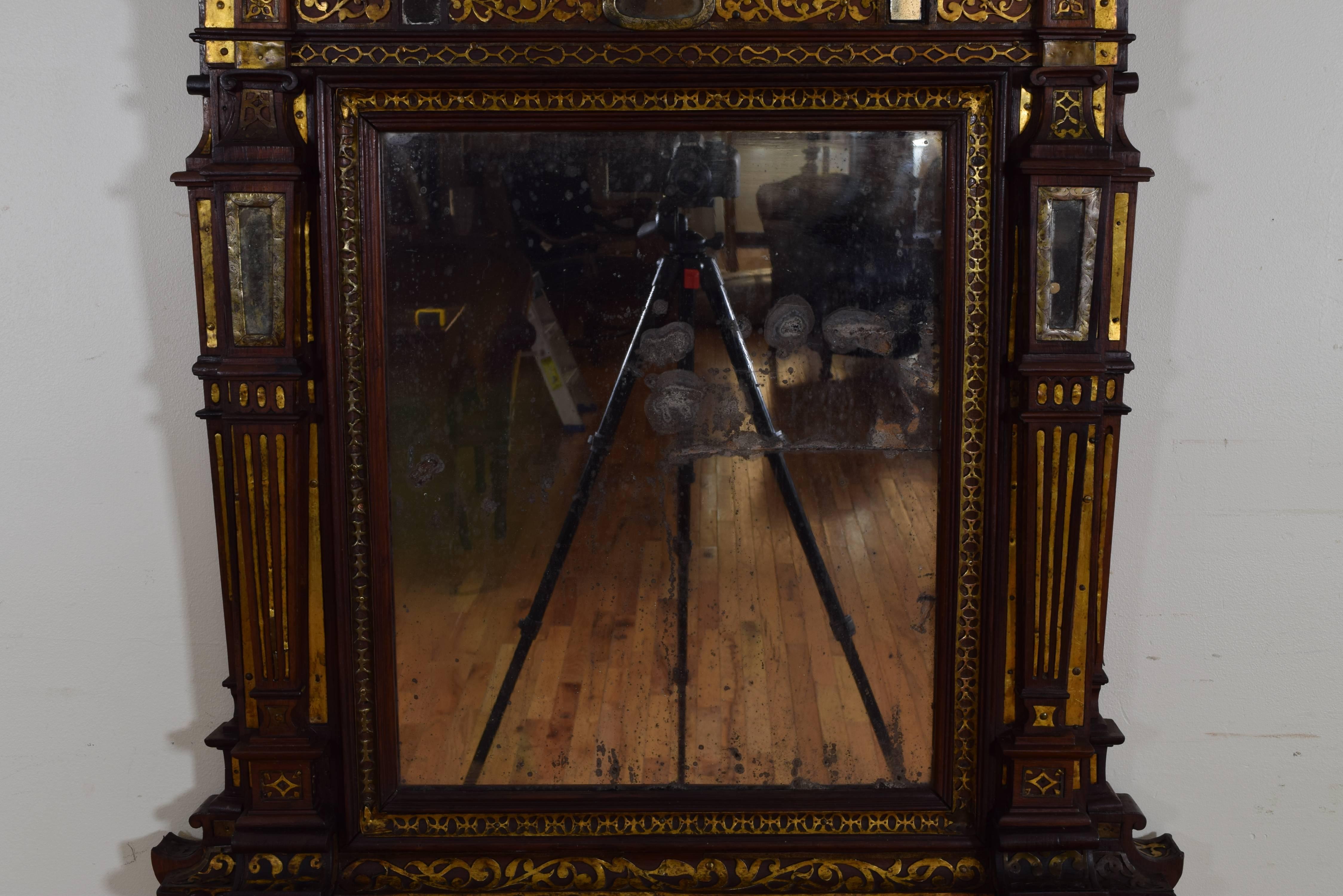 Late 19th Century Italian, Probably Venice, Rosewood and Brass Decorated Mirror, 19th Century