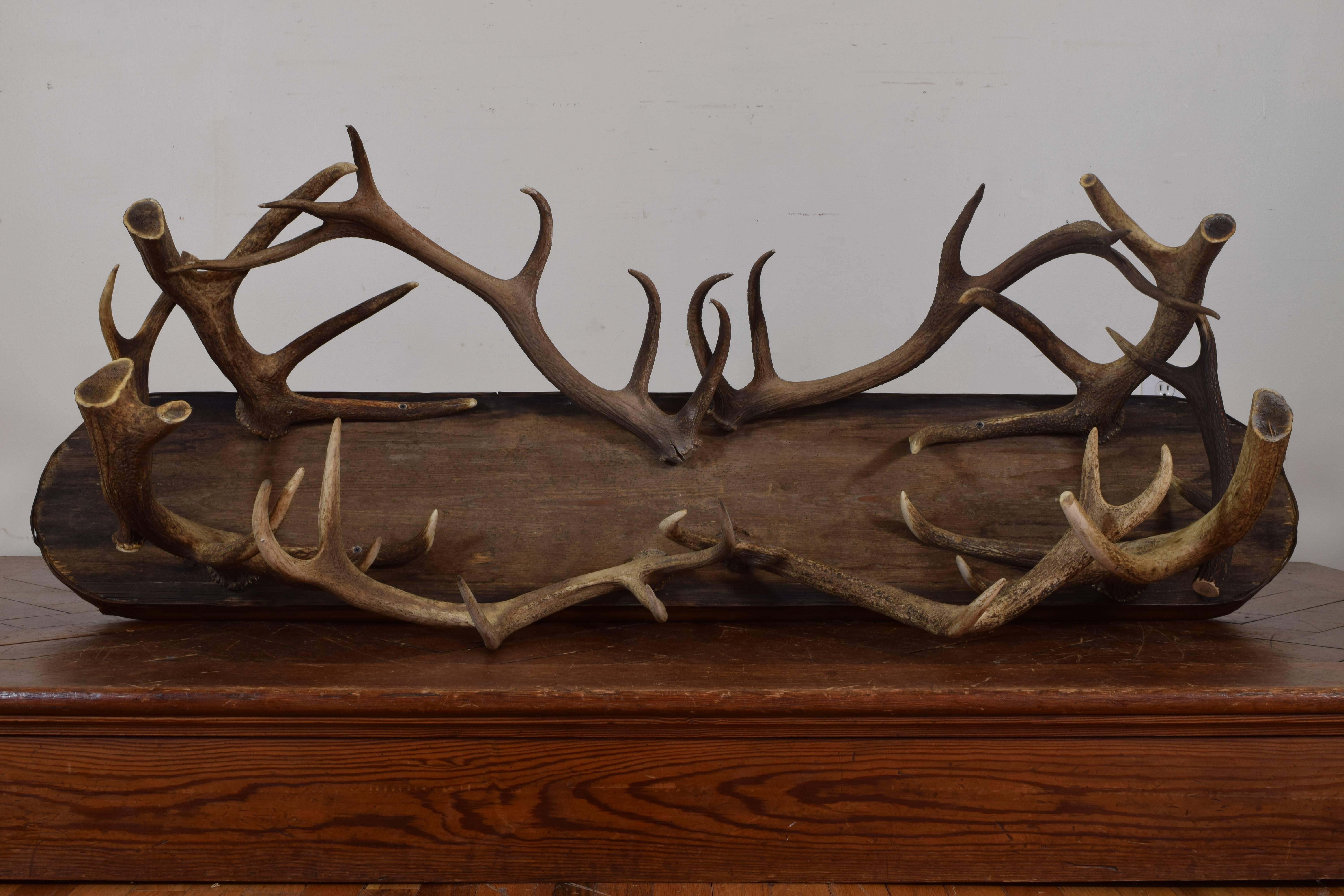 Pair of Continental Antler and Leather Upholstered Benches 3