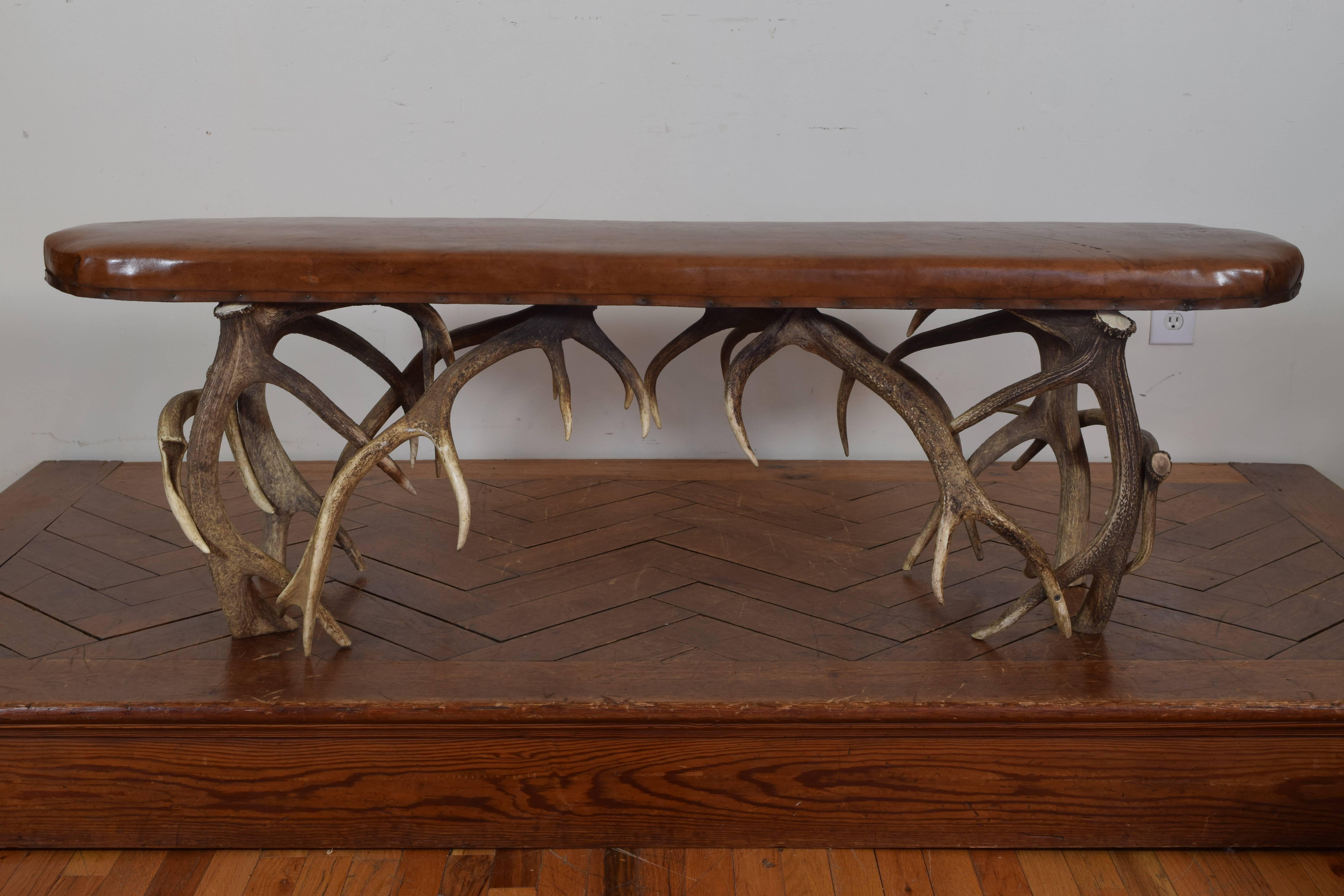 European Pair of Continental Antler and Leather Upholstered Benches