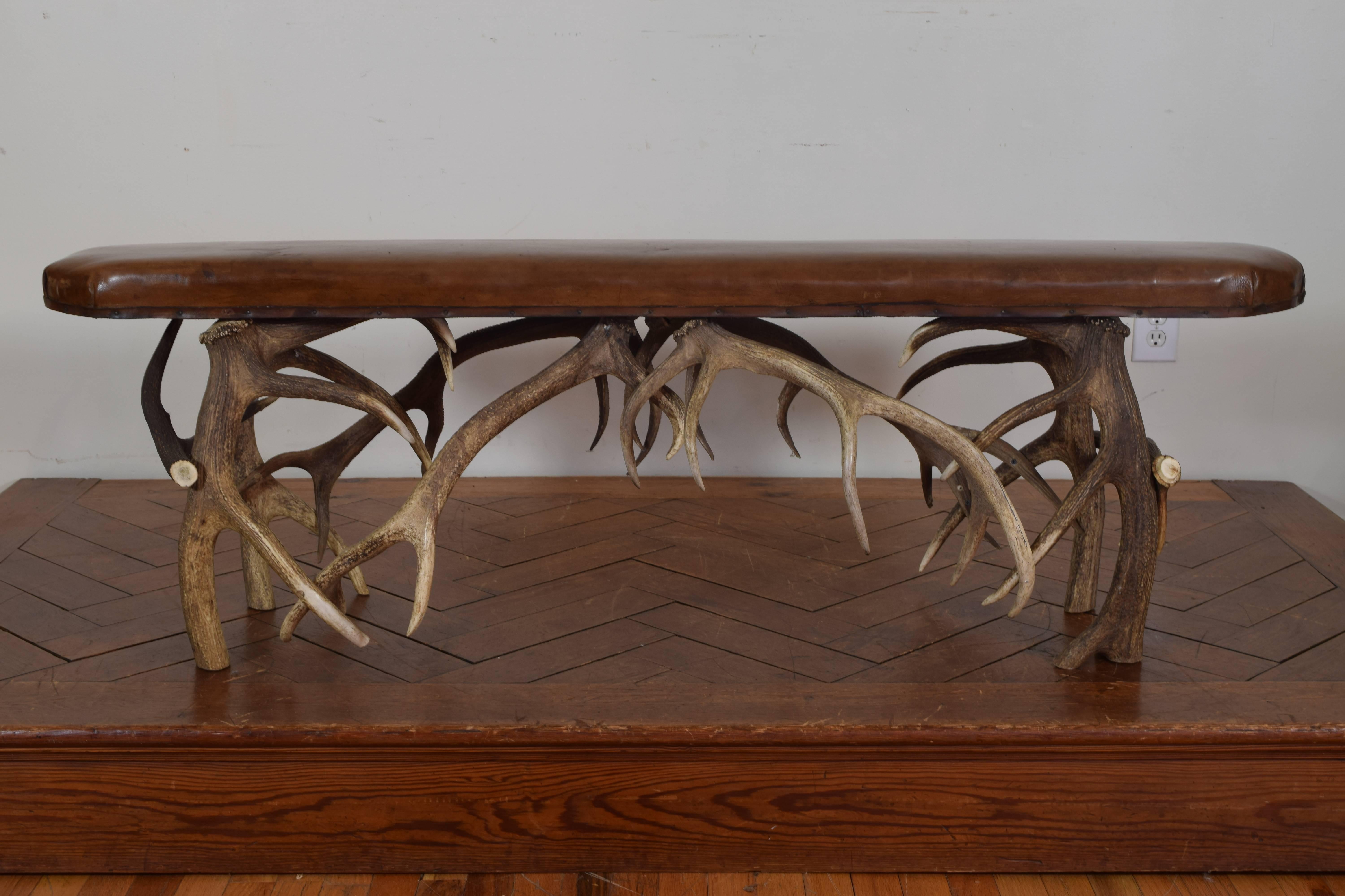 Pair of Continental Antler and Leather Upholstered Benches 1