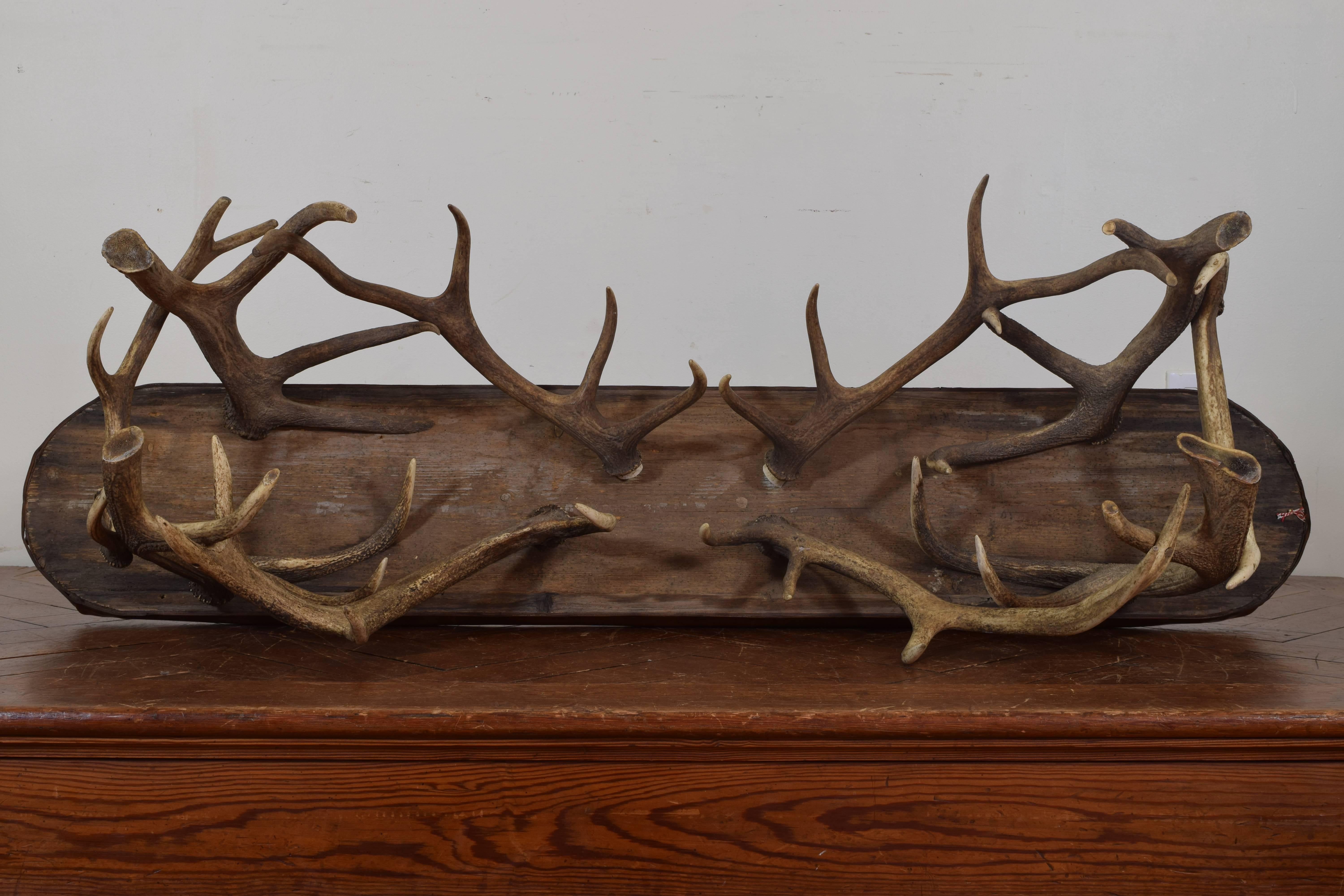 20th Century Pair of Continental Antler and Leather Upholstered Benches