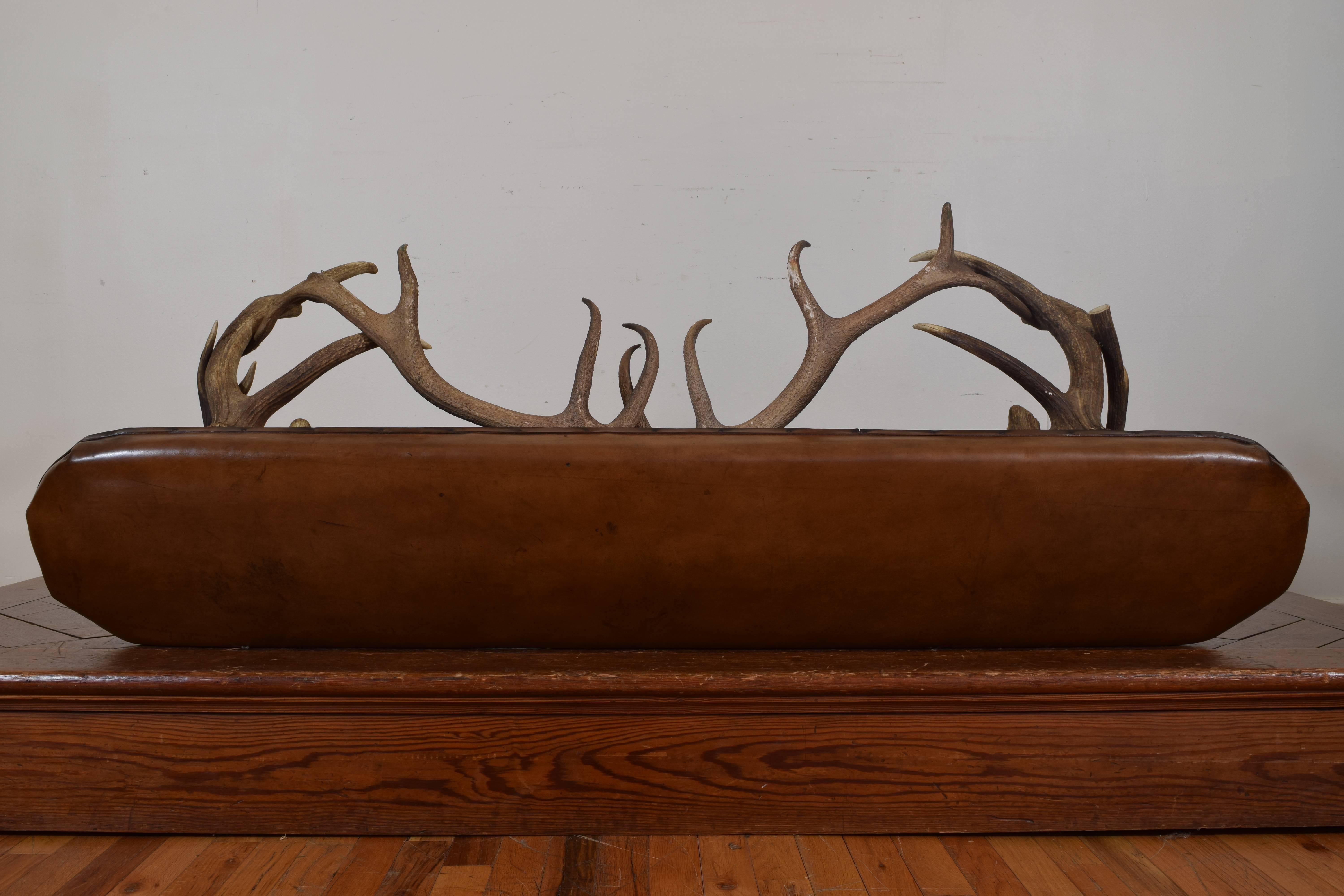 Pair of Continental Antler and Leather Upholstered Benches 2