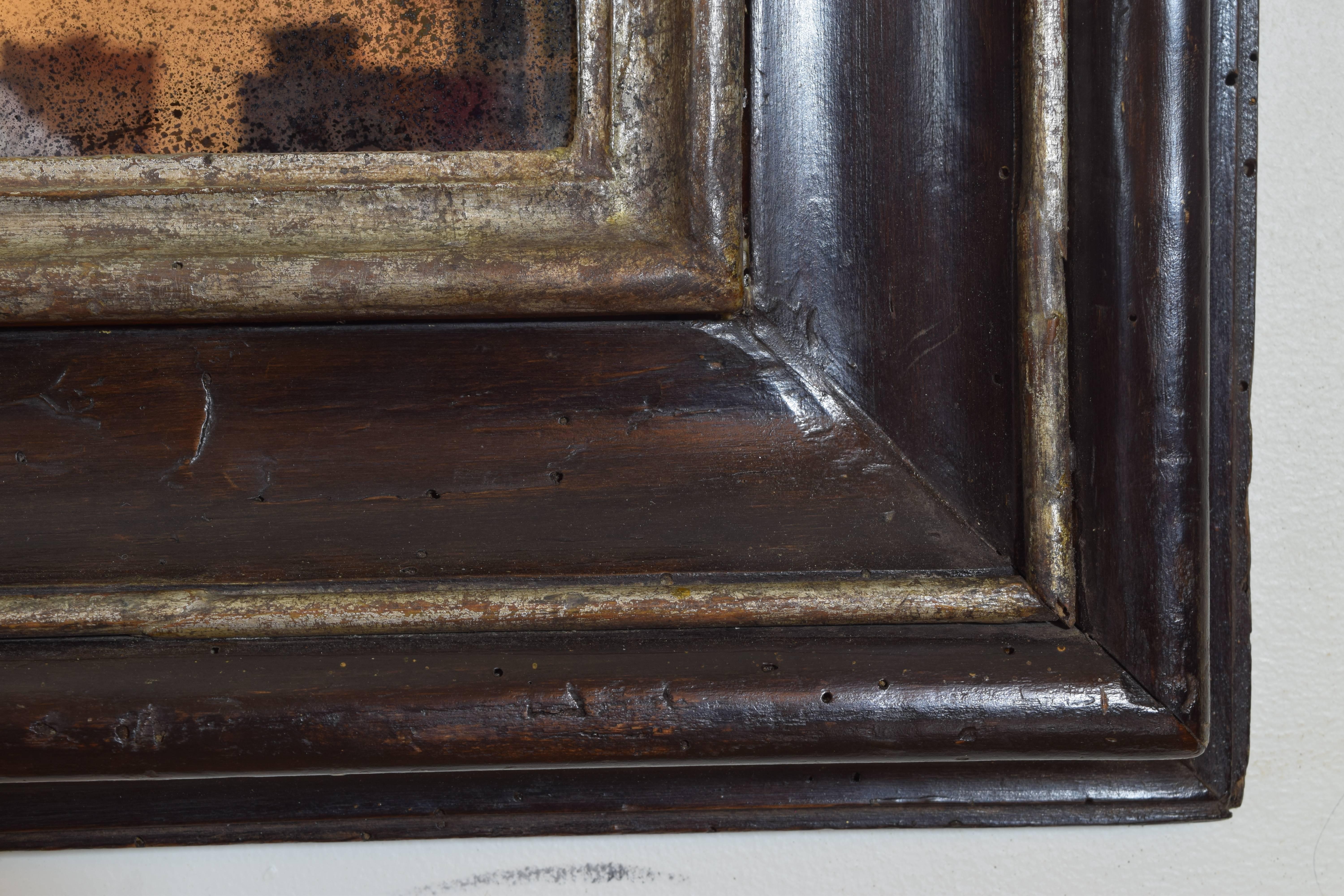 17th Century Italian Baroque Ebonized Walnut and Silver Gilt Frame with Four-Piece Mirror