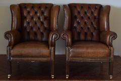 Pair of English George III Style Tufted Leather Wing Chairs