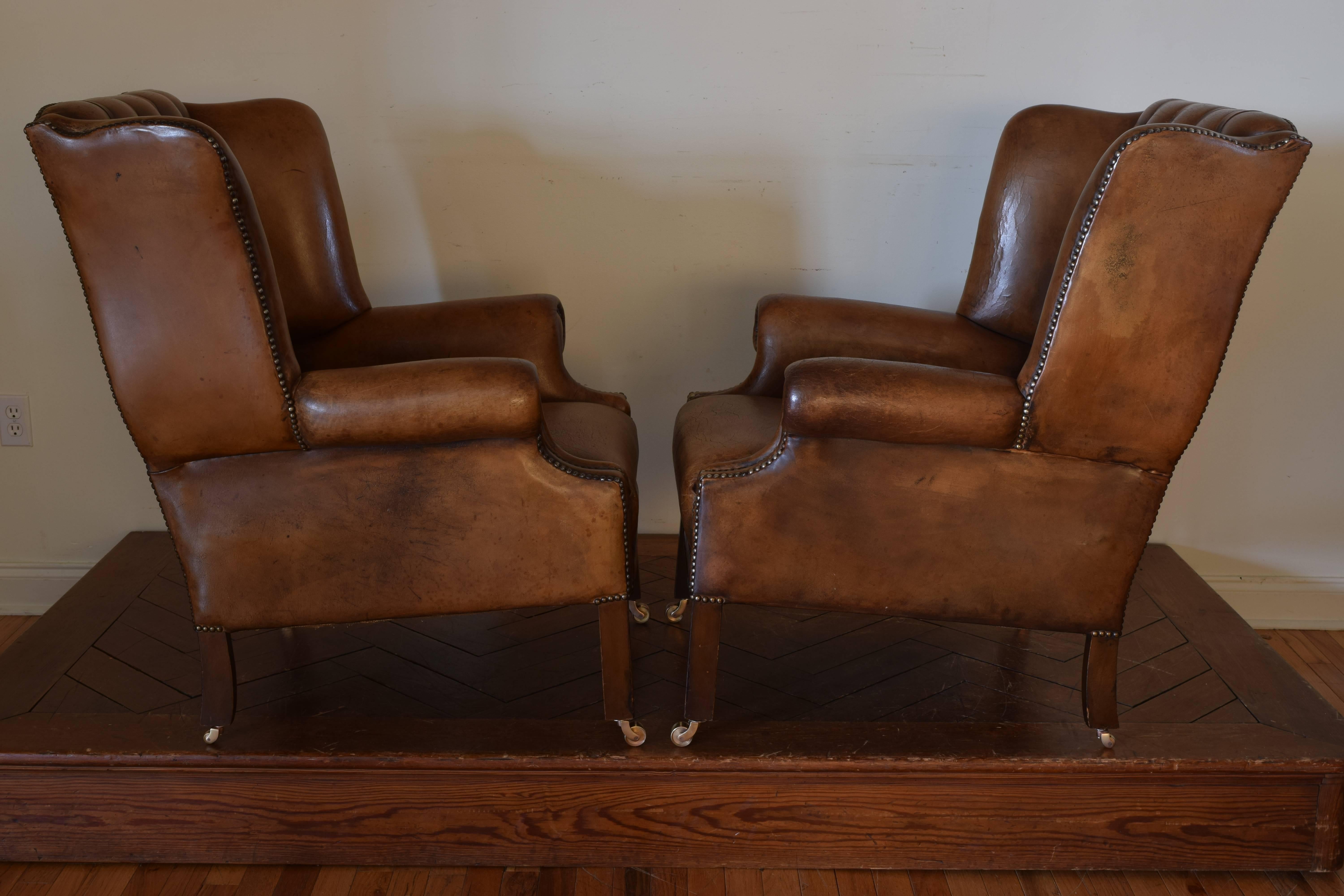 Mid-20th Century Pair of English George III Style Tufted Leather Wing Chairs
