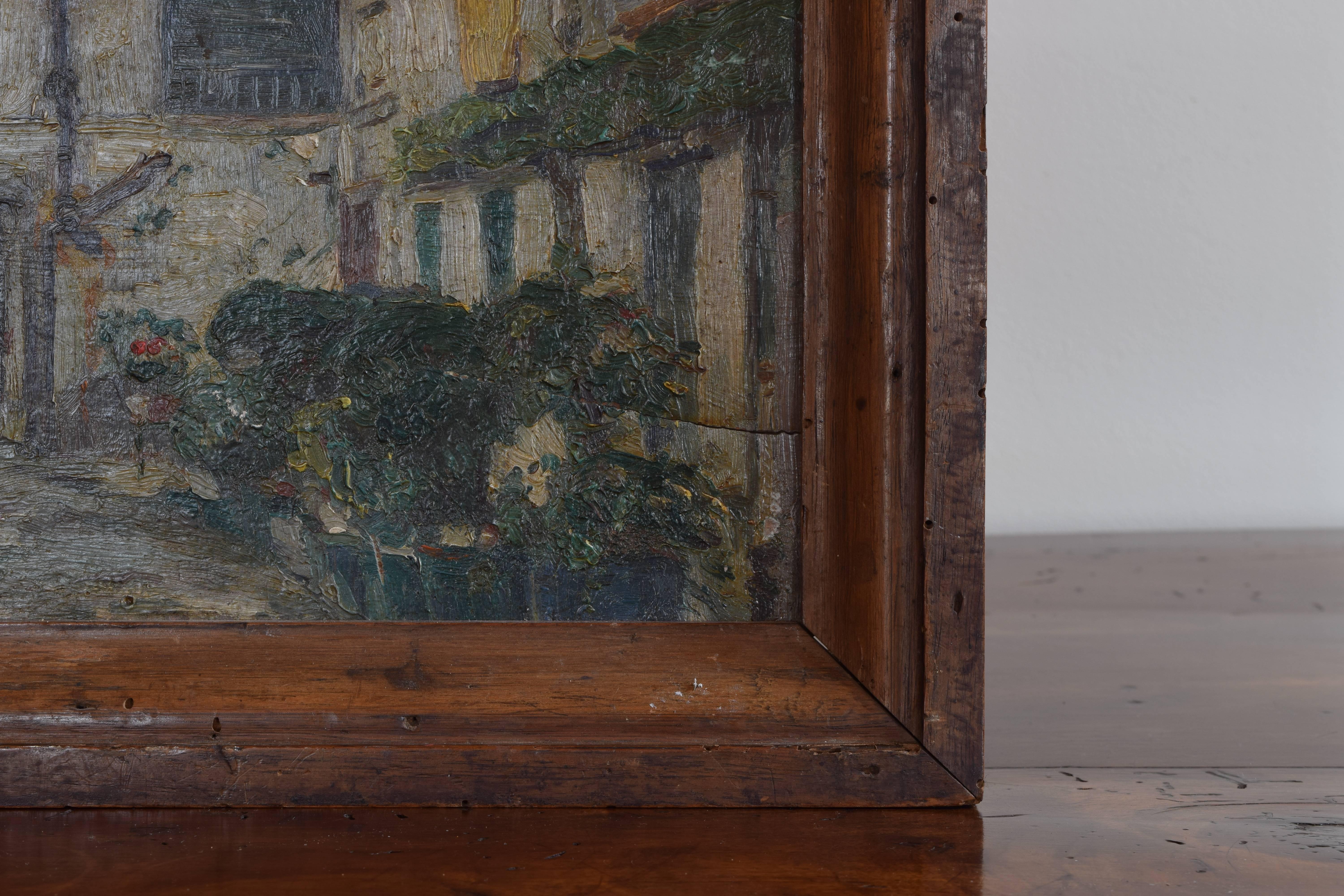 Early 20th Century French Oil on Panel Painting of a Courtyard Mounted in a Walnut Frame