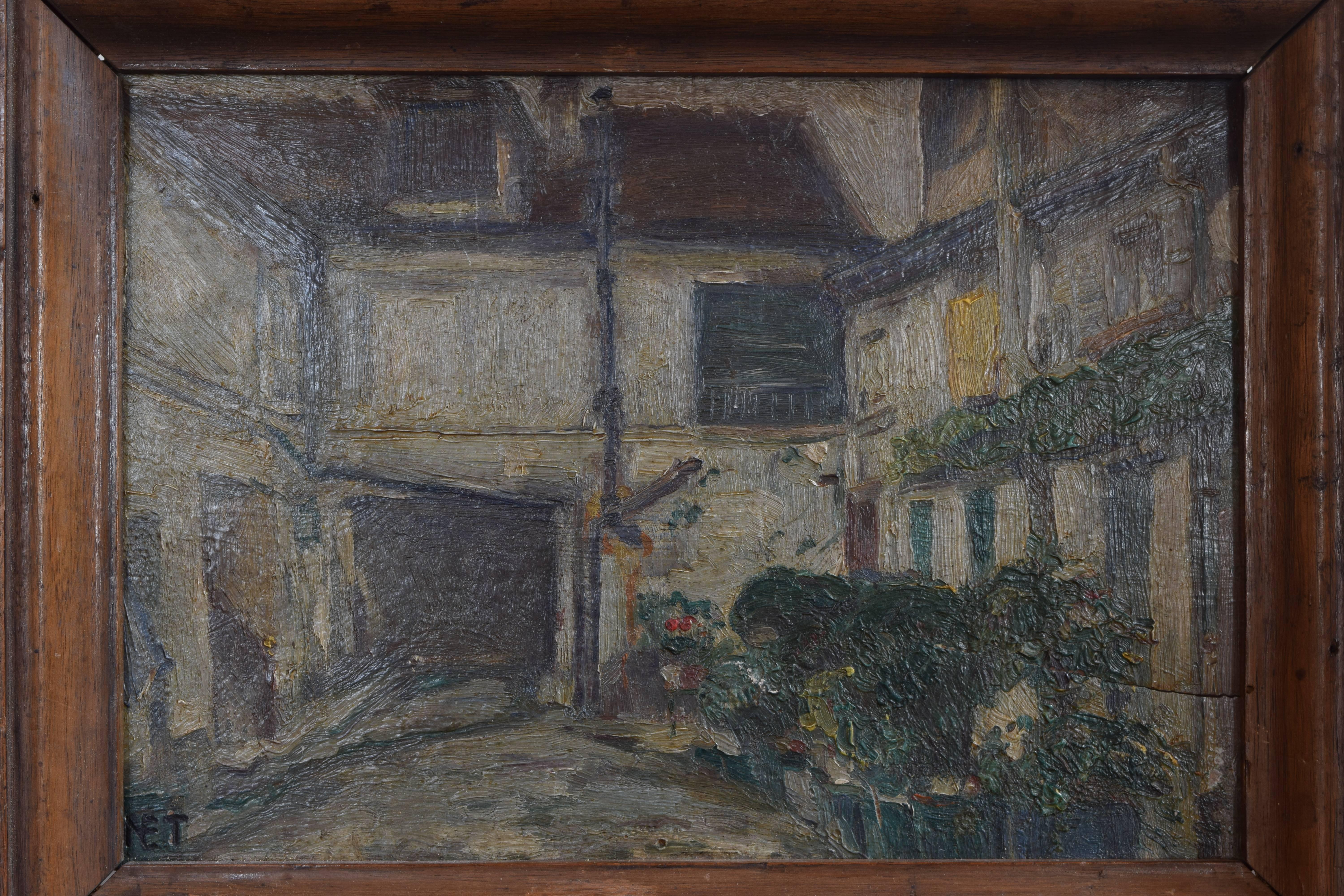 French Oil on Panel Painting of a Courtyard Mounted in a Walnut Frame 1