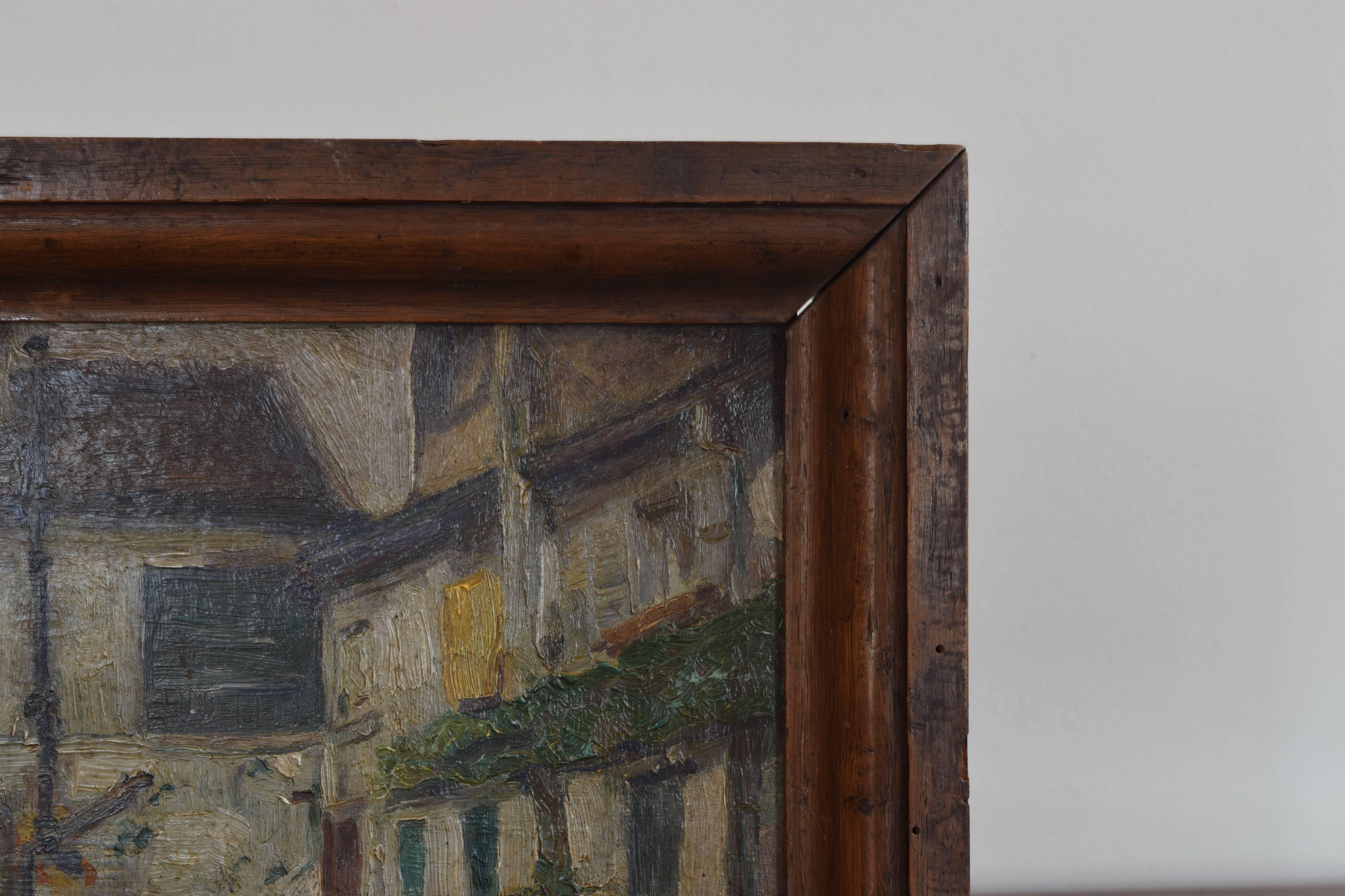 International Style French Oil on Panel Painting of a Courtyard Mounted in a Walnut Frame