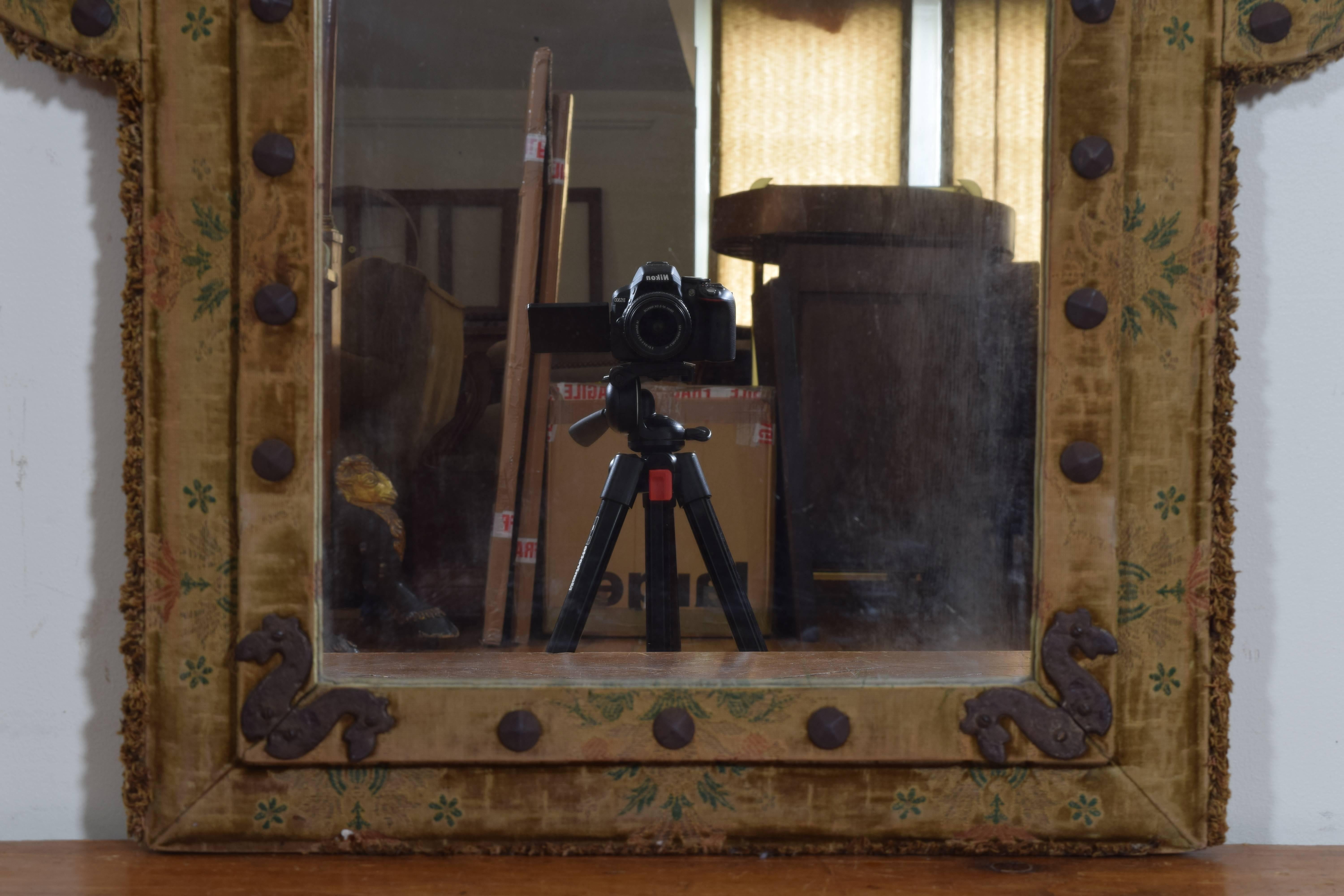 Dutch or English Arts & Crafts, Queen Anne Style Upholstered Mirror, circa 1900 In Good Condition In Atlanta, GA