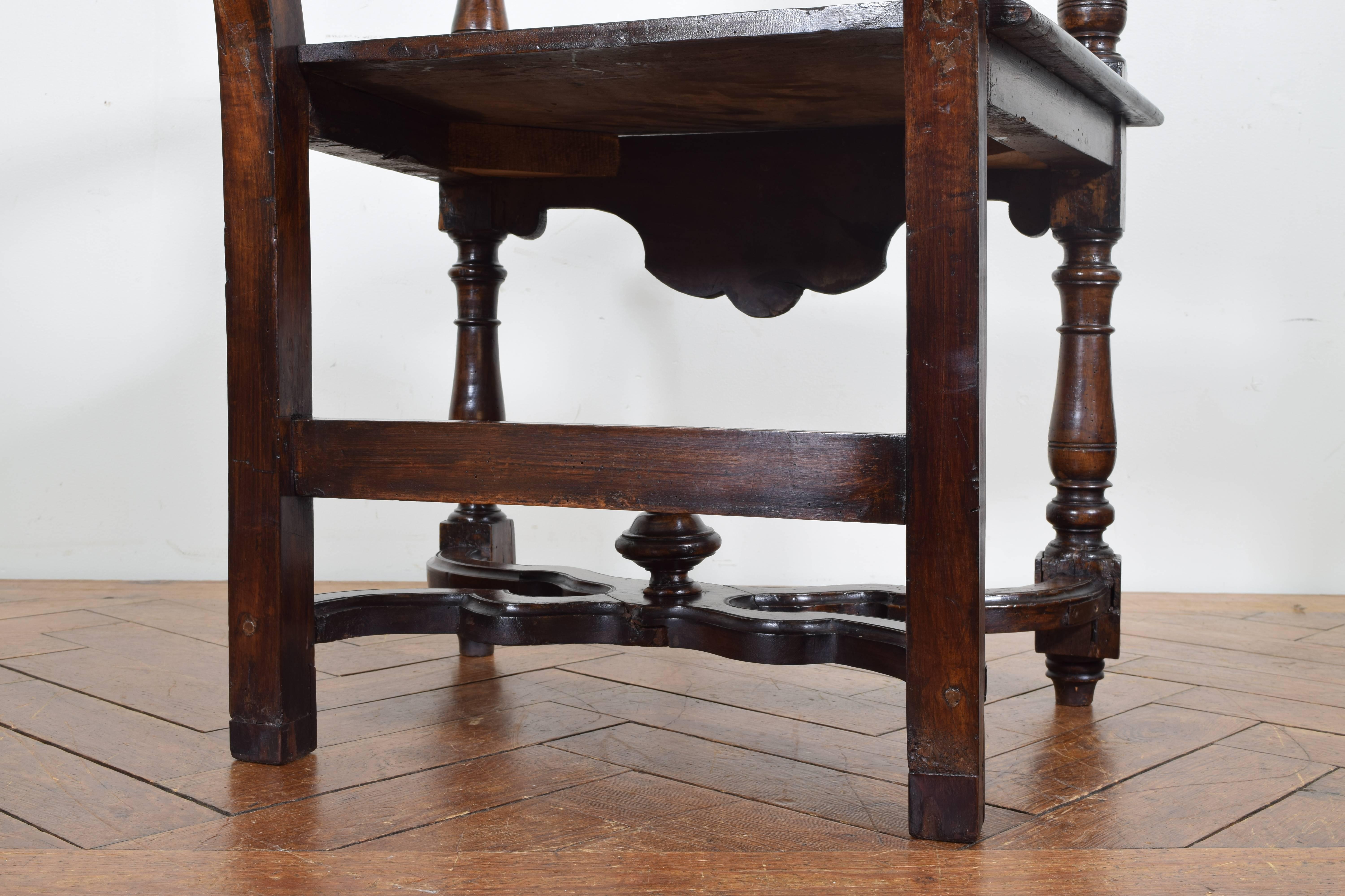 Pair of Italian Baroque Walnut & Inlaid Turned Wood Armchairs, 17th-18th Century 4