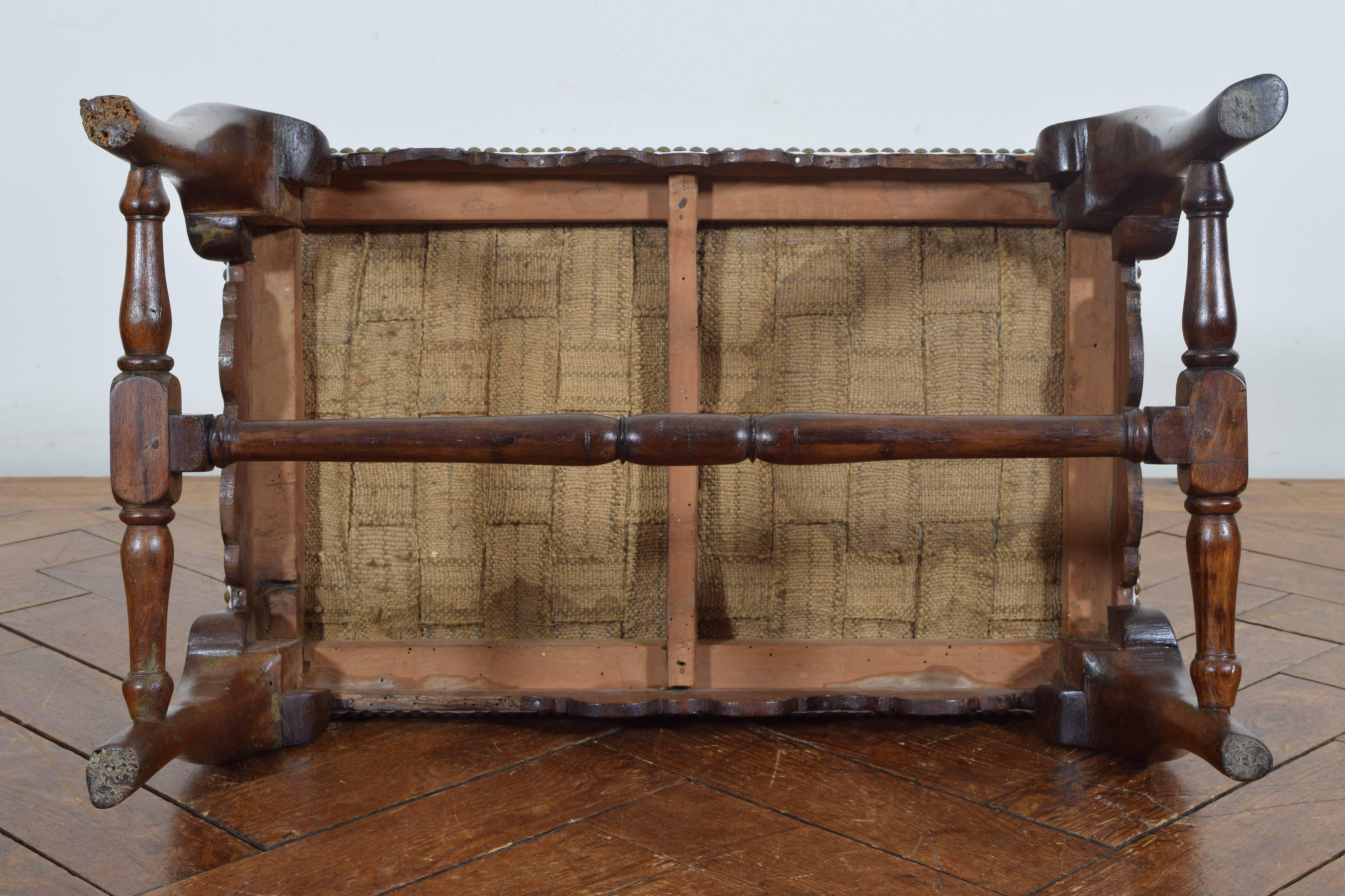 Spanish Queen Anne Style Walnut and Upholstered Bench, Mid-18th Century 6