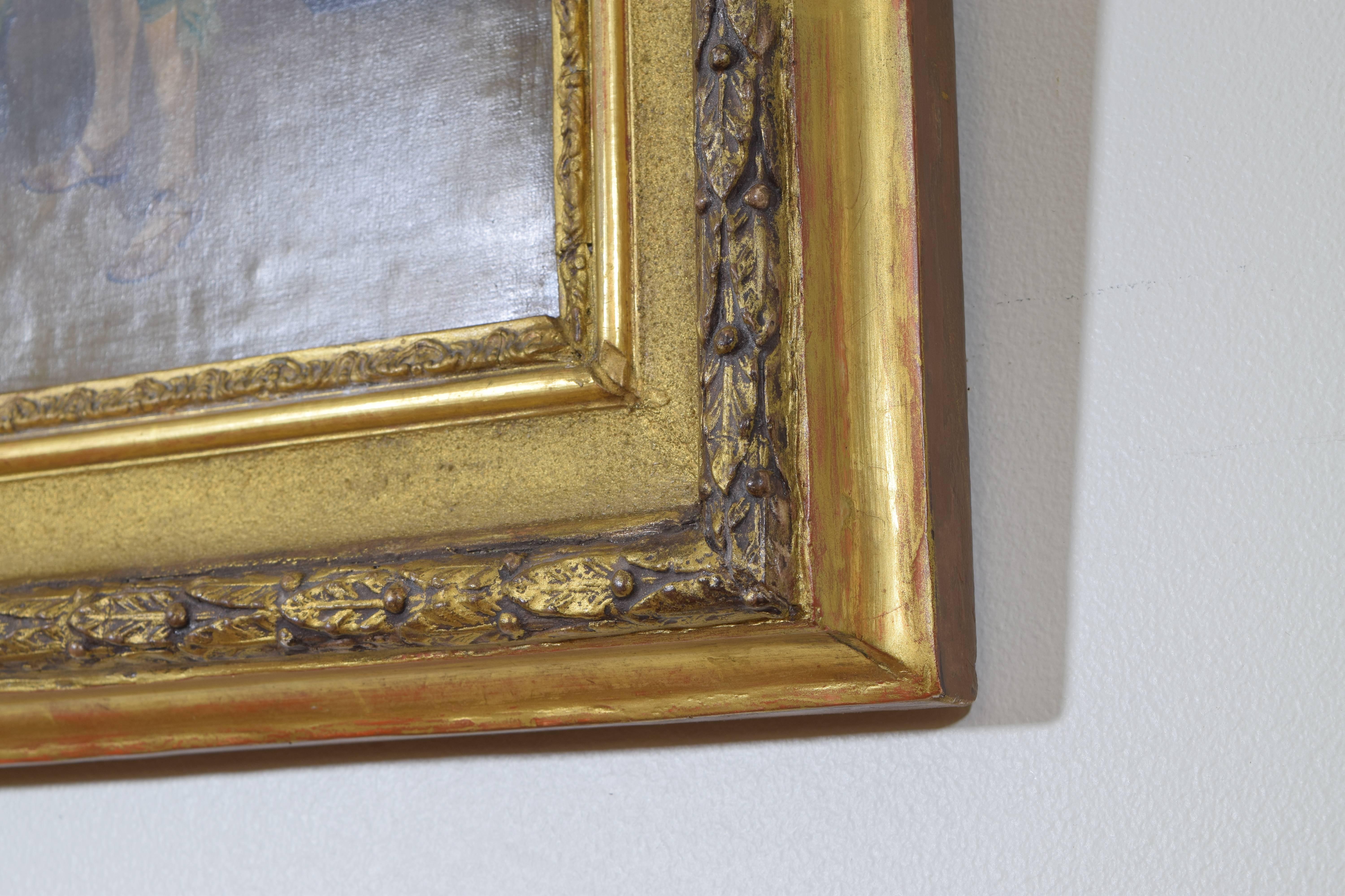 Oil on Canvas in Giltwood Frame, Musketeer in Interior with Antiques In Excellent Condition In Atlanta, GA