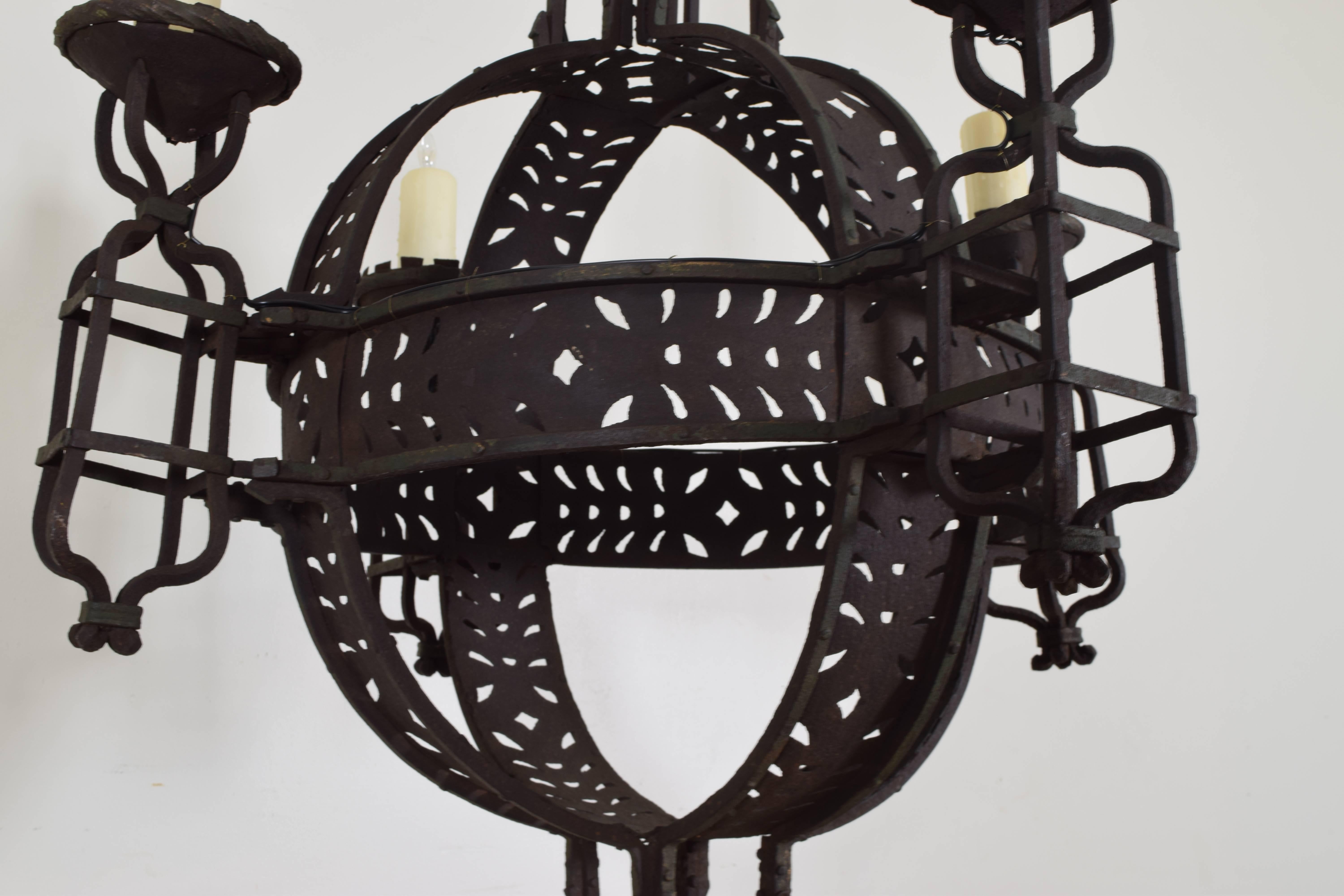 Large Italian Wrought Iron Four-Light Orb Chandelier, circa 1900 In Excellent Condition For Sale In Atlanta, GA