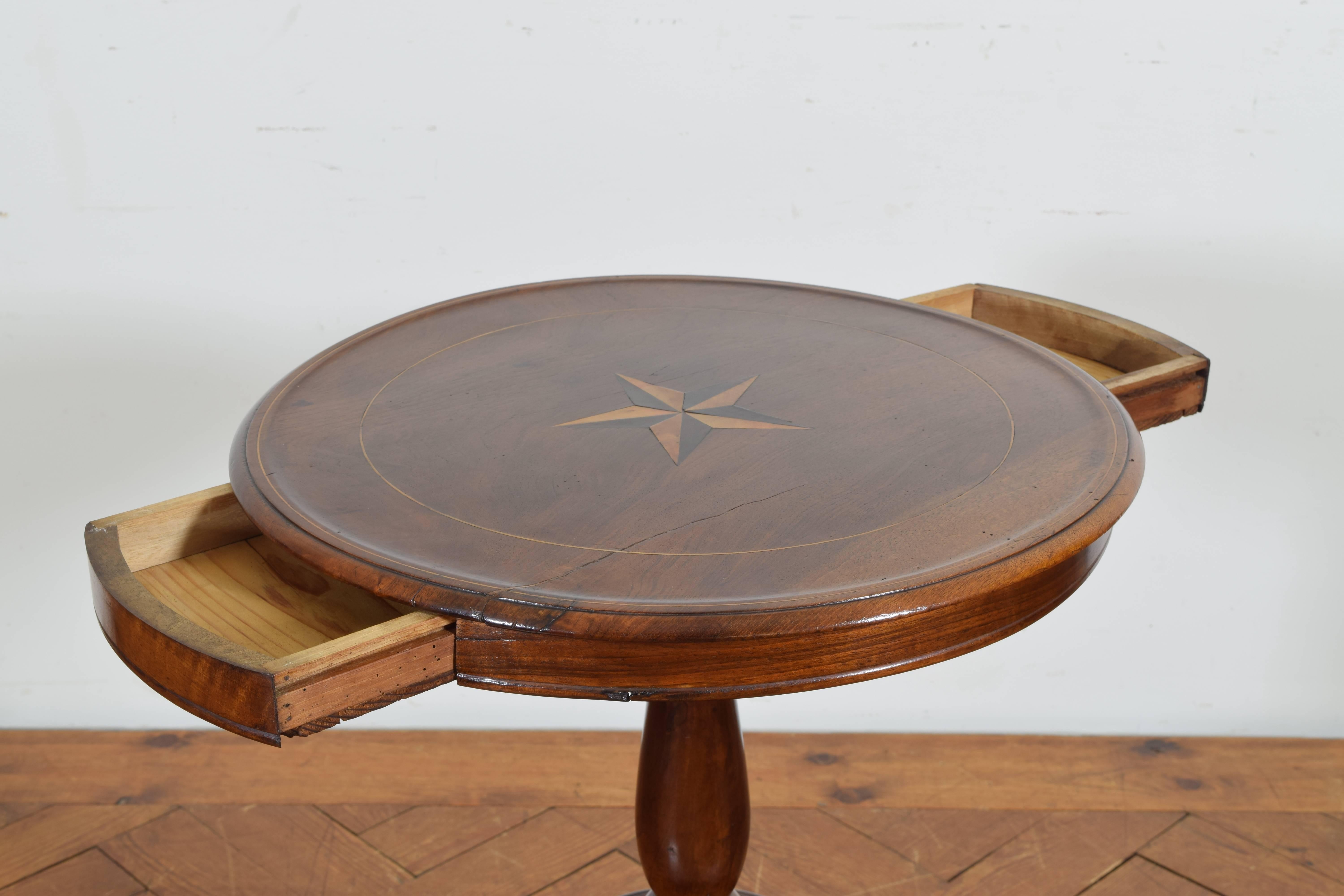 Mid-19th Century Italian Neoclassic Walnut Circular Two-Drawer Table, 19th Century