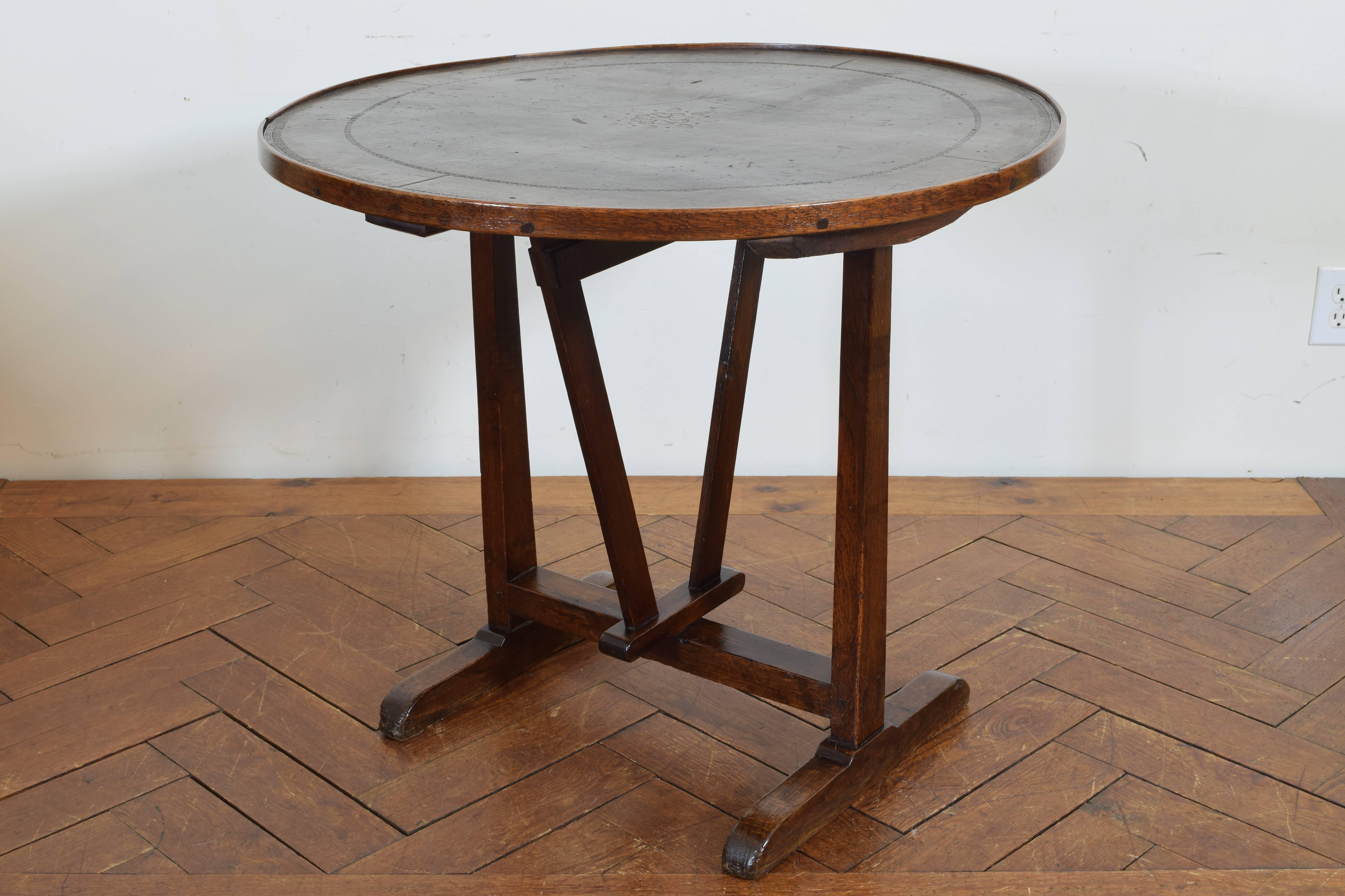 French Oak Folding Vineyard Table with Leather Top, Mid-19th Century In Excellent Condition In Atlanta, GA