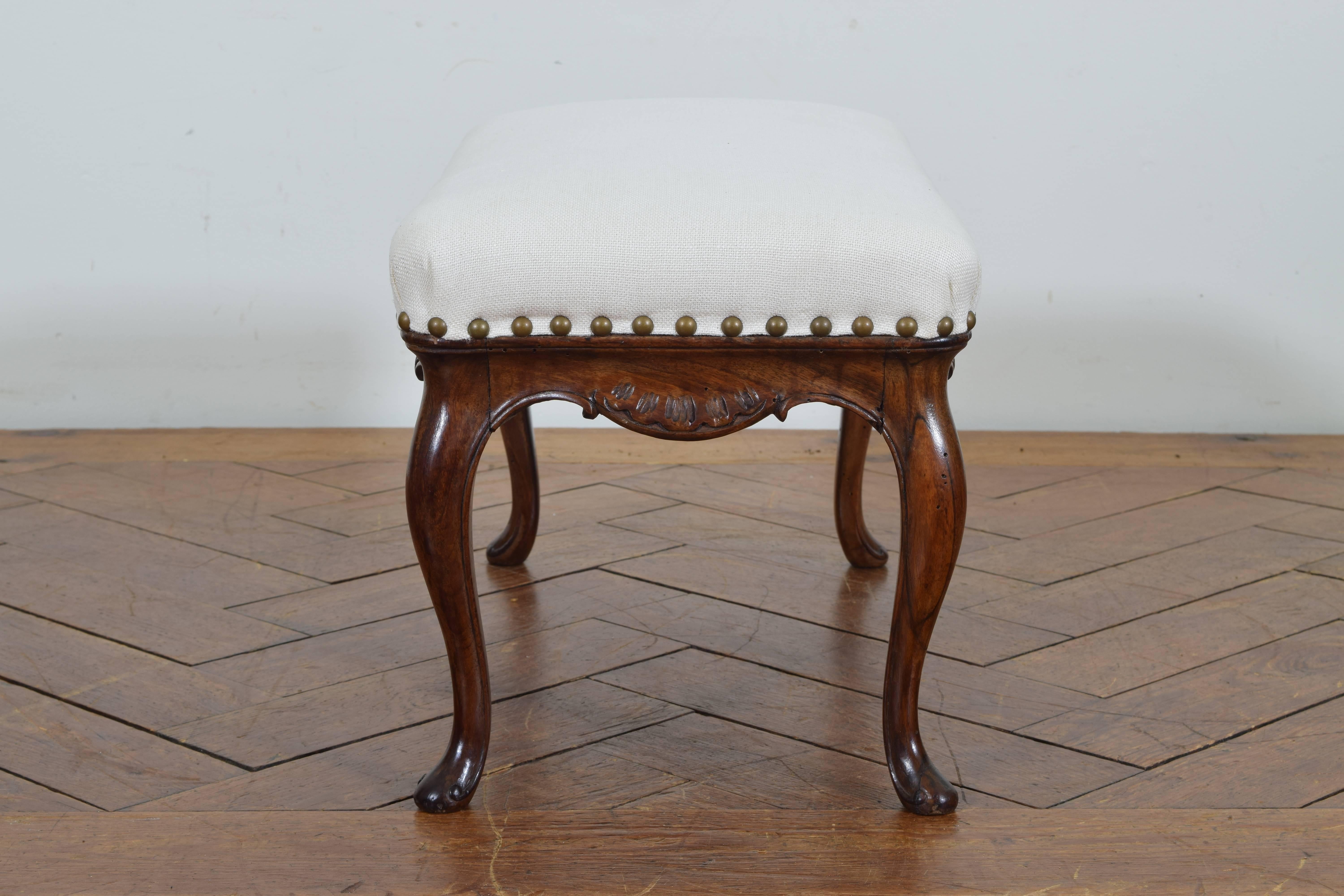 Louis XV Spanish Carved Walnut and Upholstered Bench, Second Half of the 19th Century