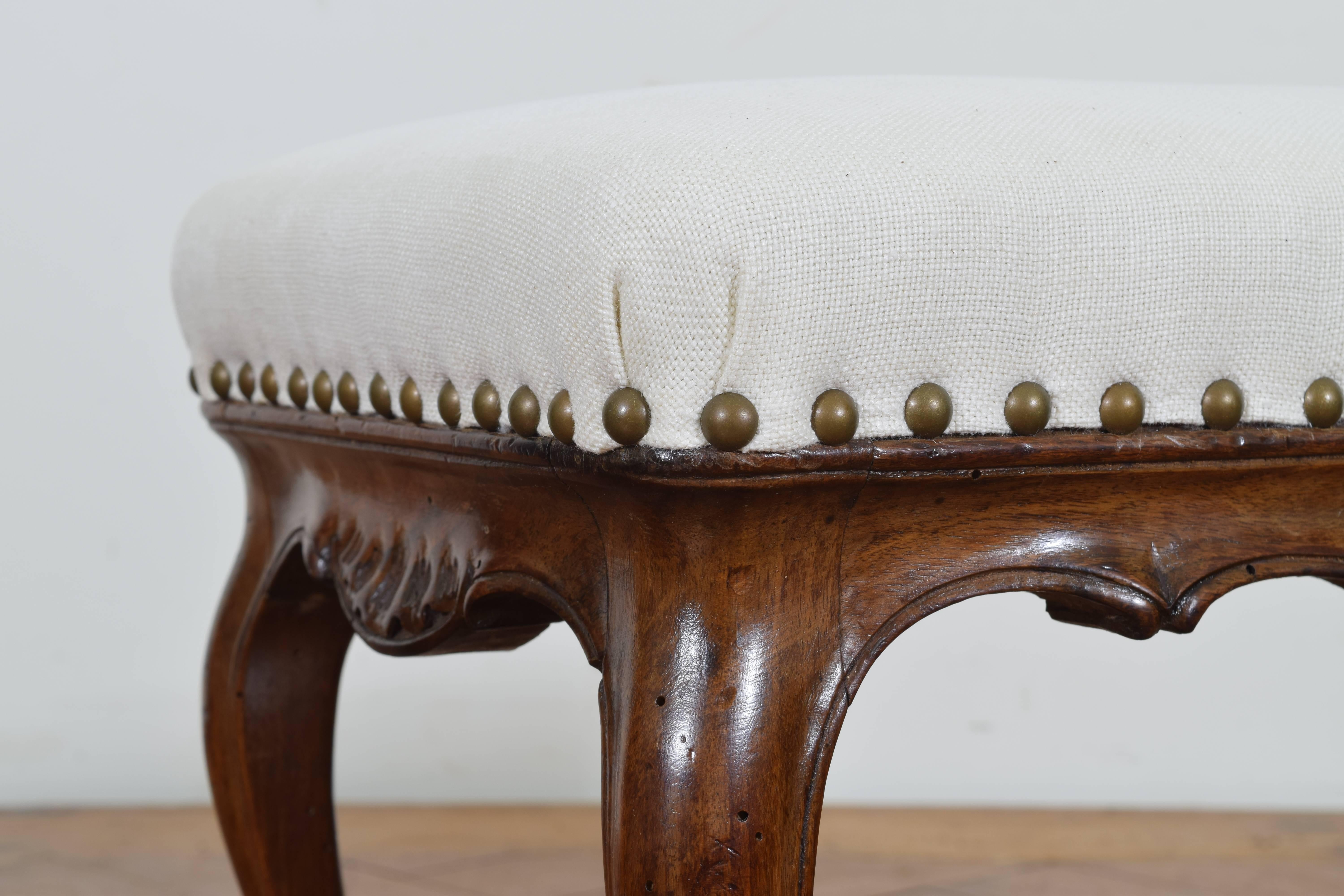 Mid-19th Century Spanish Carved Walnut and Upholstered Bench, Second Half of the 19th Century