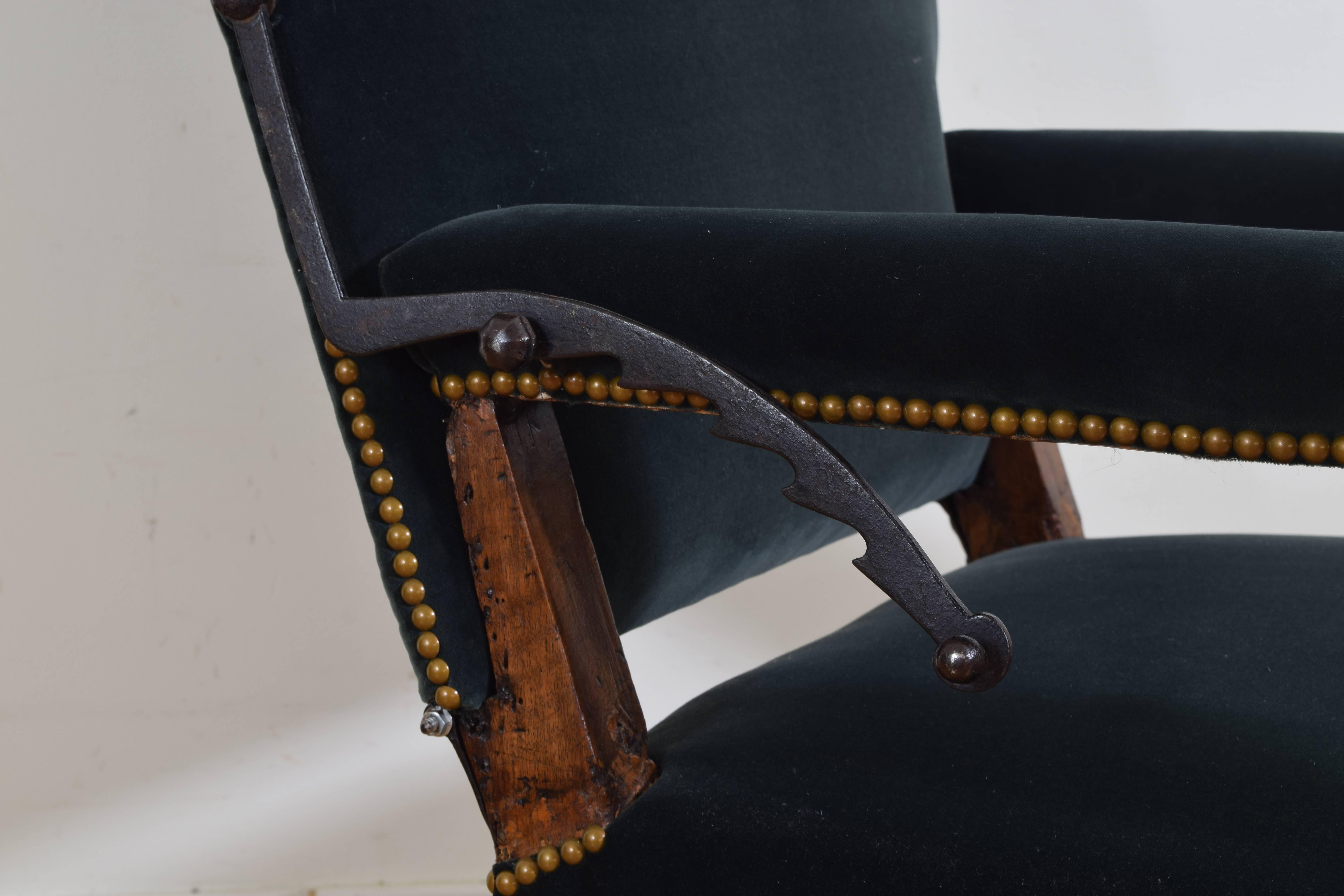 Velvet French Walnut and Upholstered Louis XIV Period Ratchet Fauteuil, 18th Century