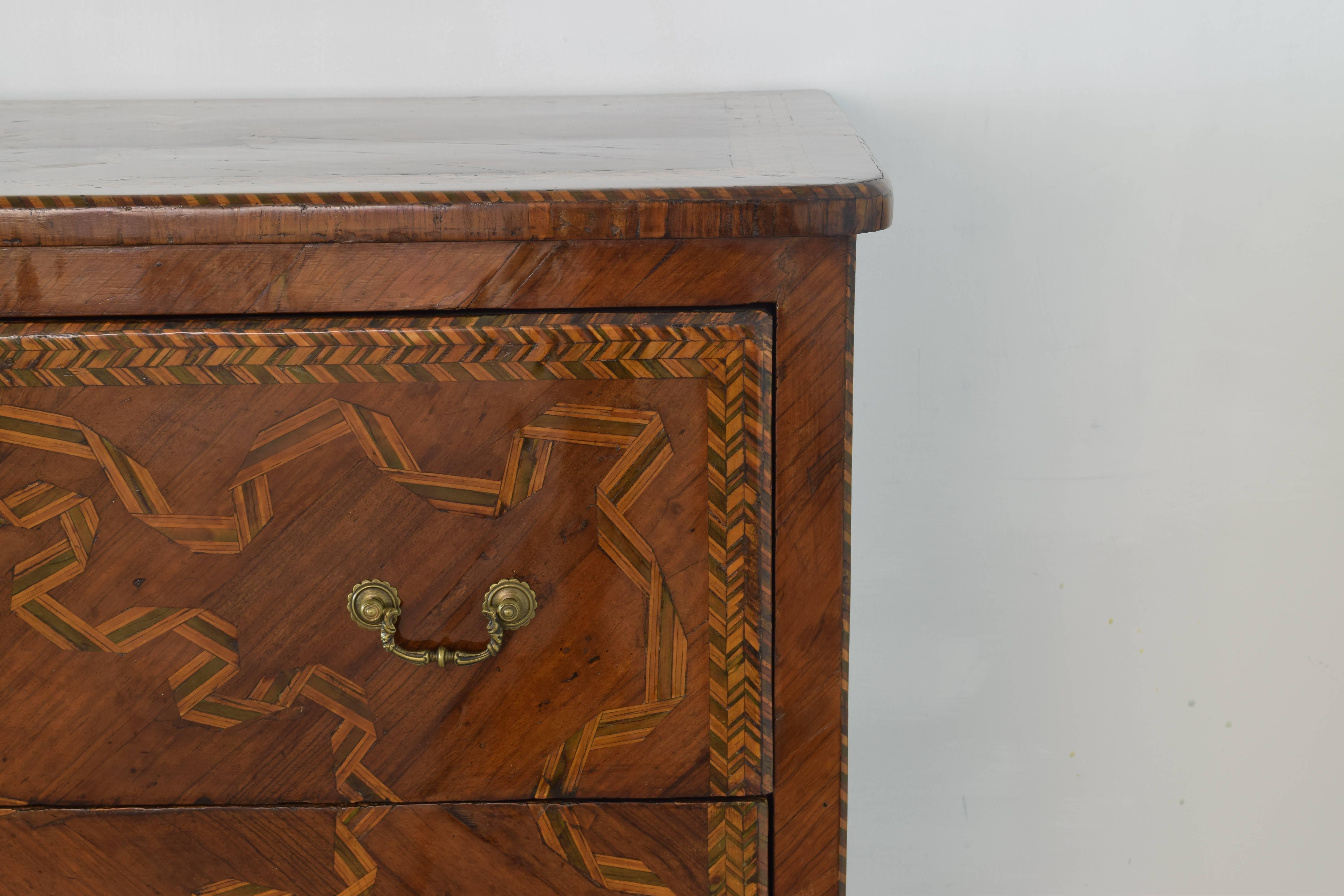 Extraordinary Pair of Italian Walnut & Pearwood Marquetry Two-Drawer Commodes 2