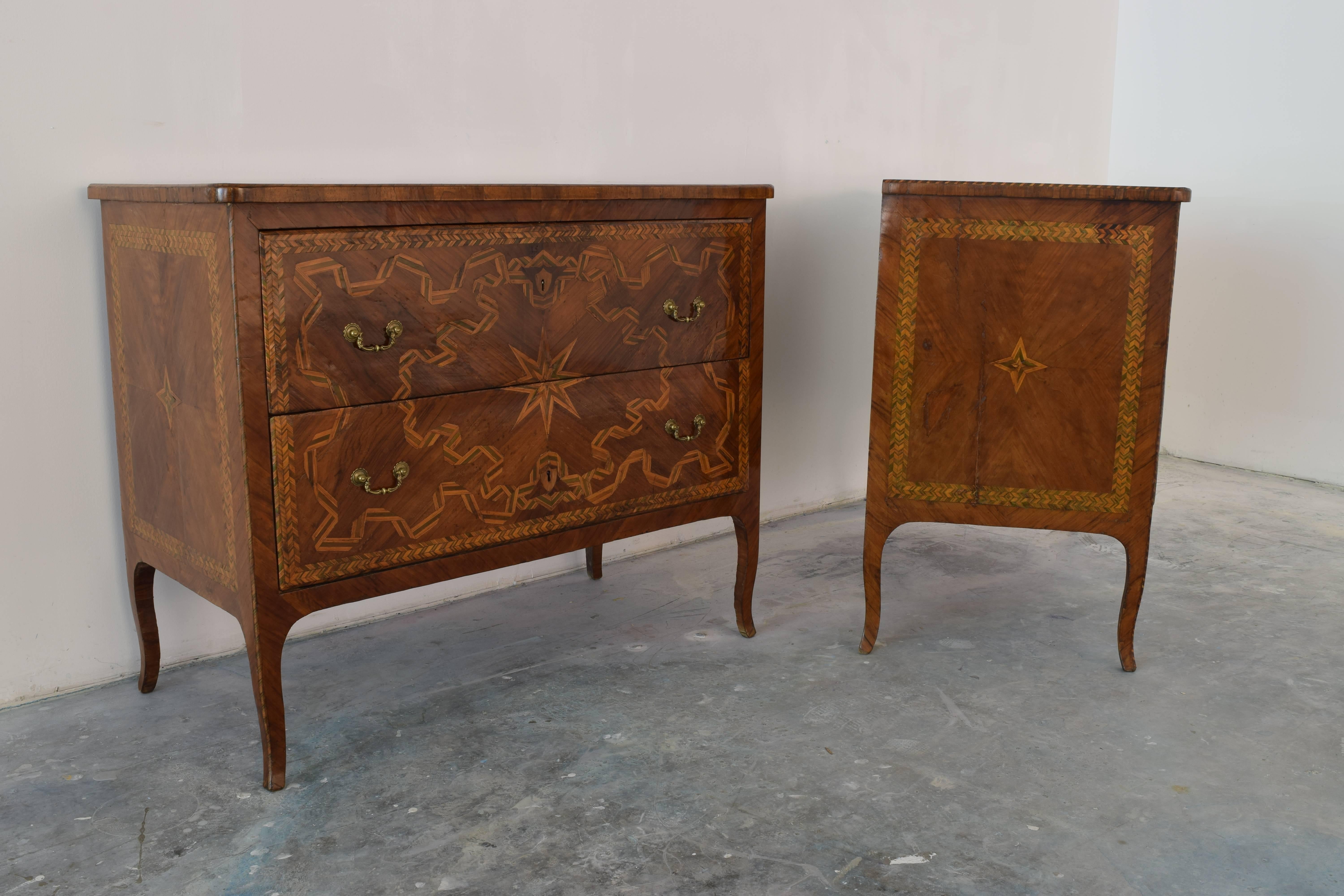 Louis XV Extraordinary Pair of Italian Walnut & Pearwood Marquetry Two-Drawer Commodes