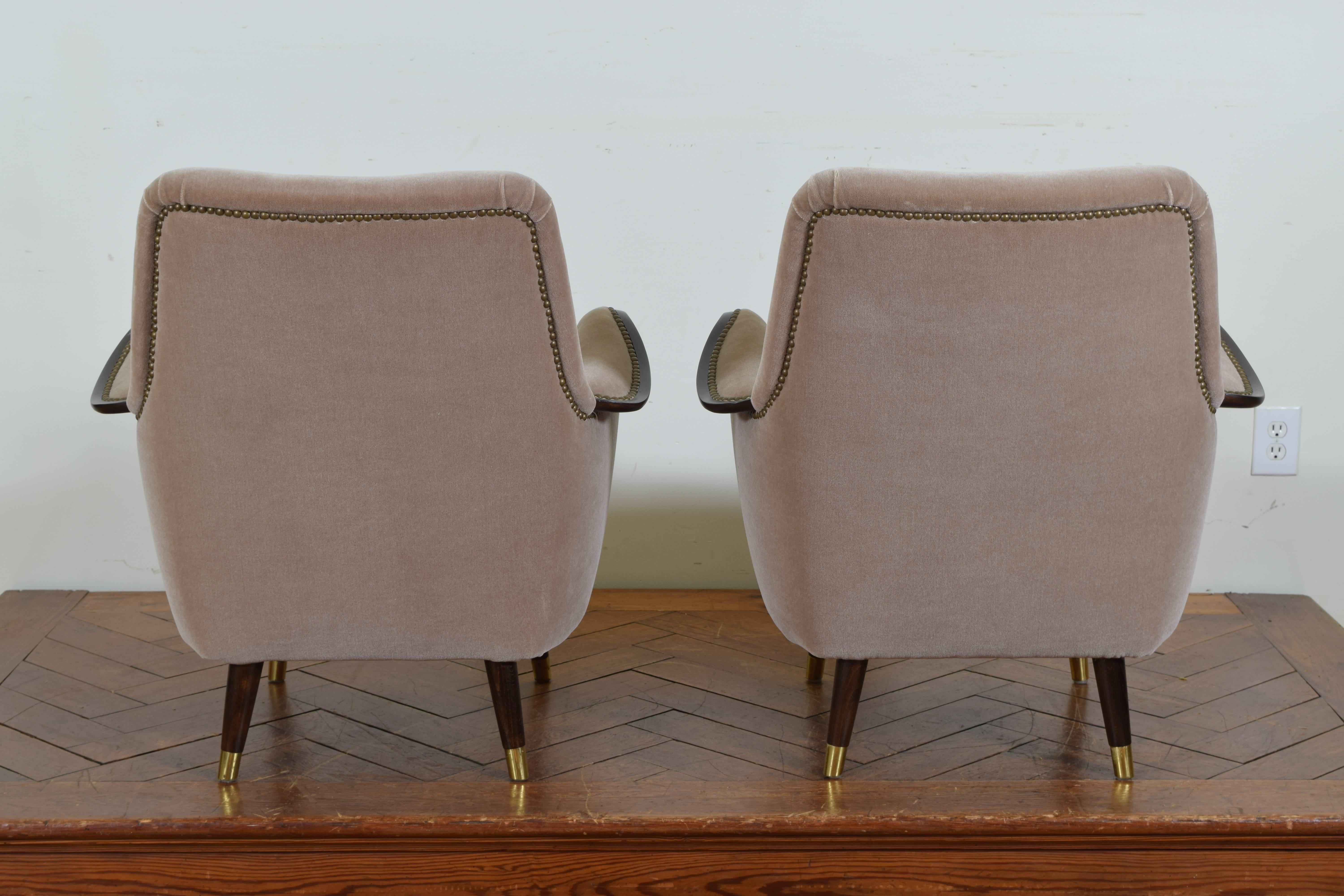 20th Century Pair of Italian Mid-Century Mahogany and Brass Bergeres, Mohair Upholstery