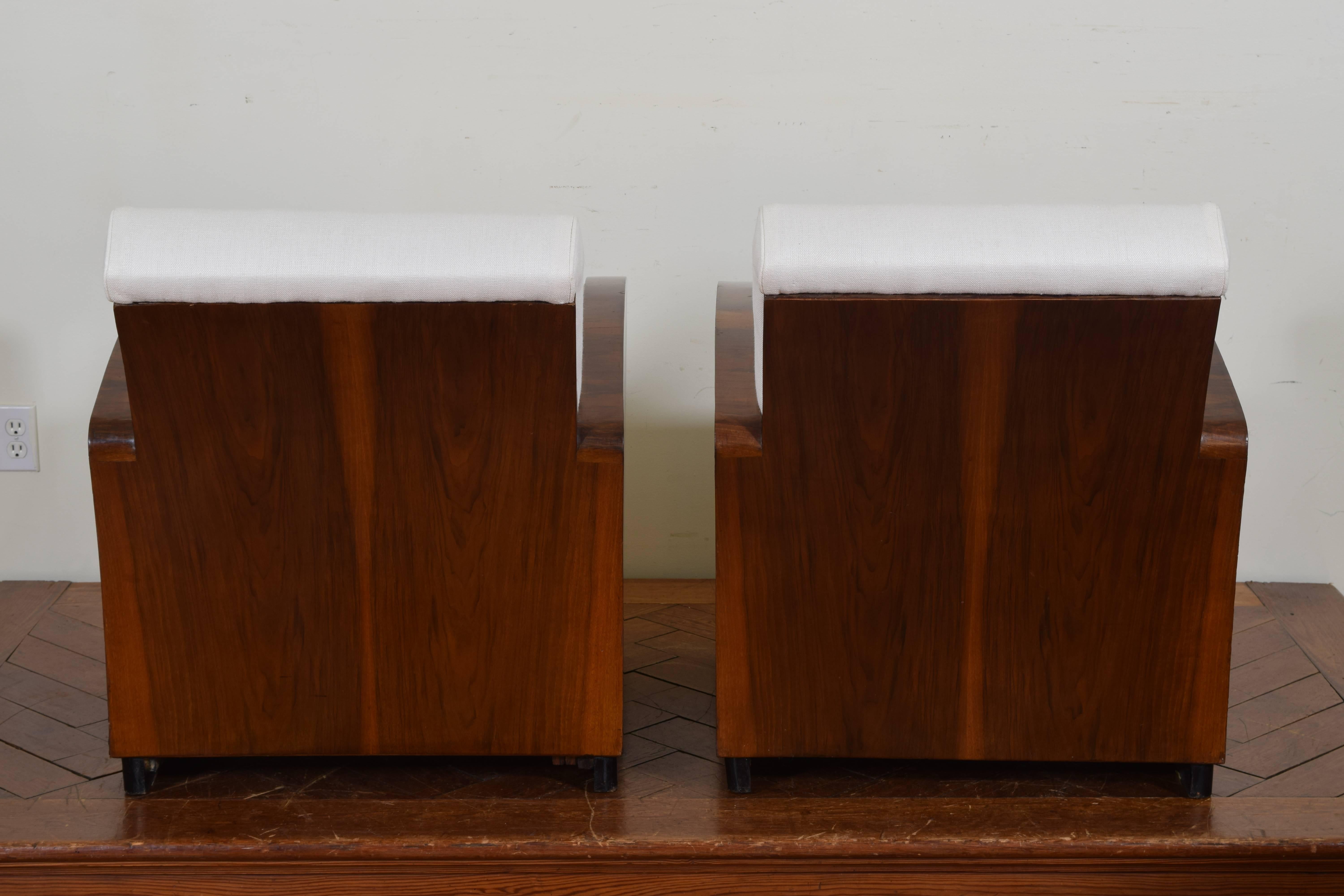 Pair of Italian Art Deco Walnut Veneer and Upholstered Club Chairs, 20th Century 2