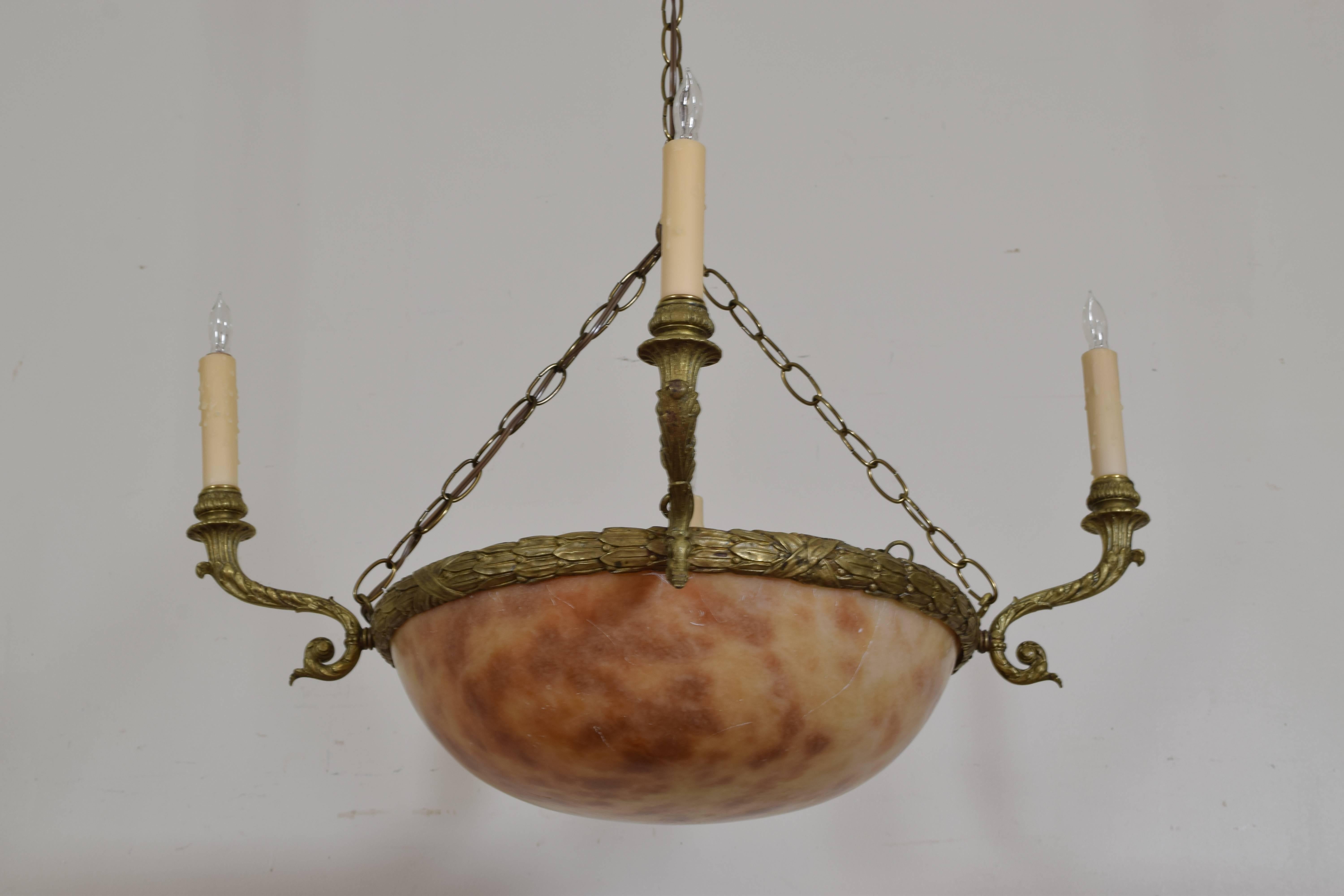 French Neoclassic Alabaster and Brass Lantern Chandelier In Excellent Condition In Atlanta, GA