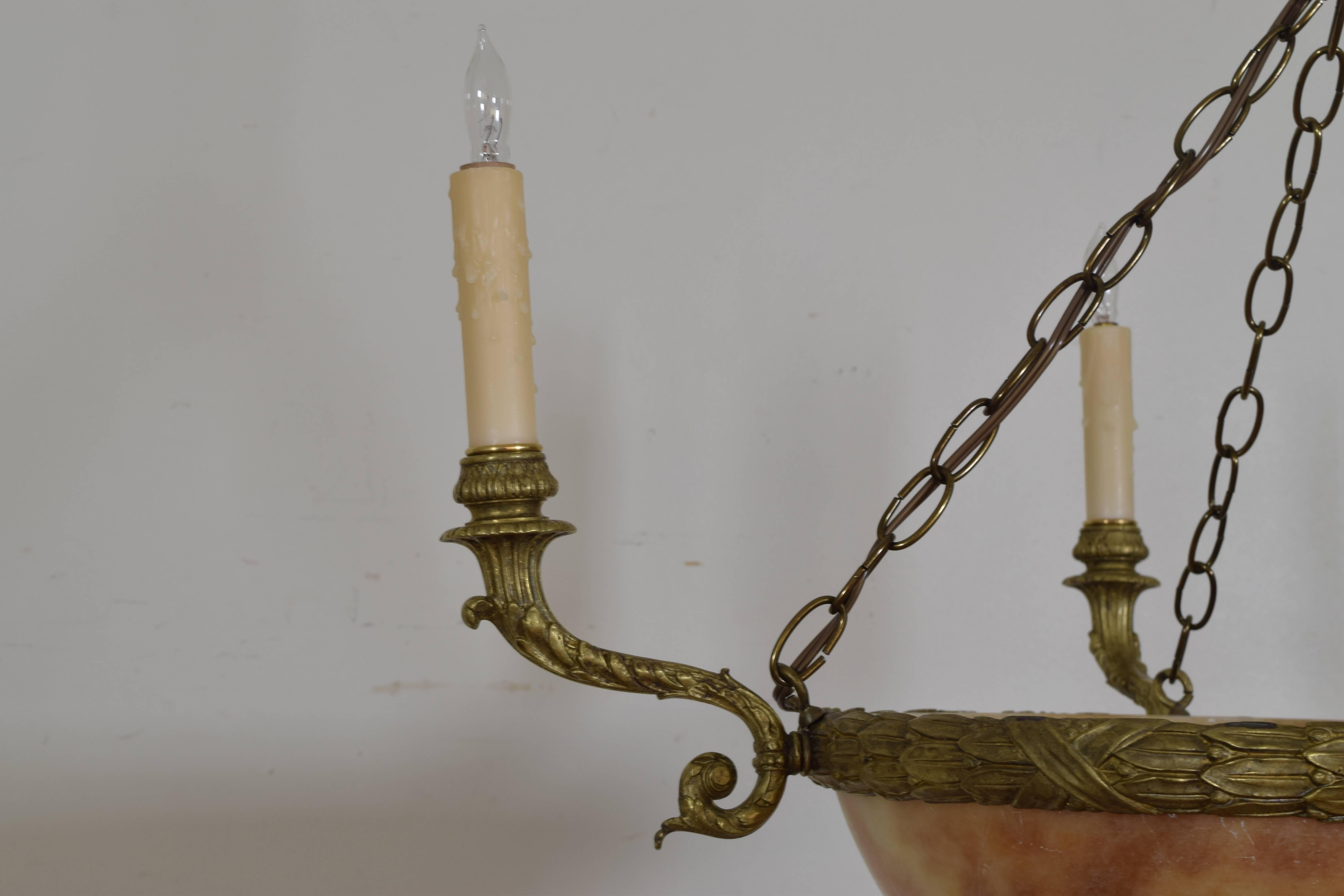 French Neoclassic Alabaster and Brass Lantern Chandelier 1
