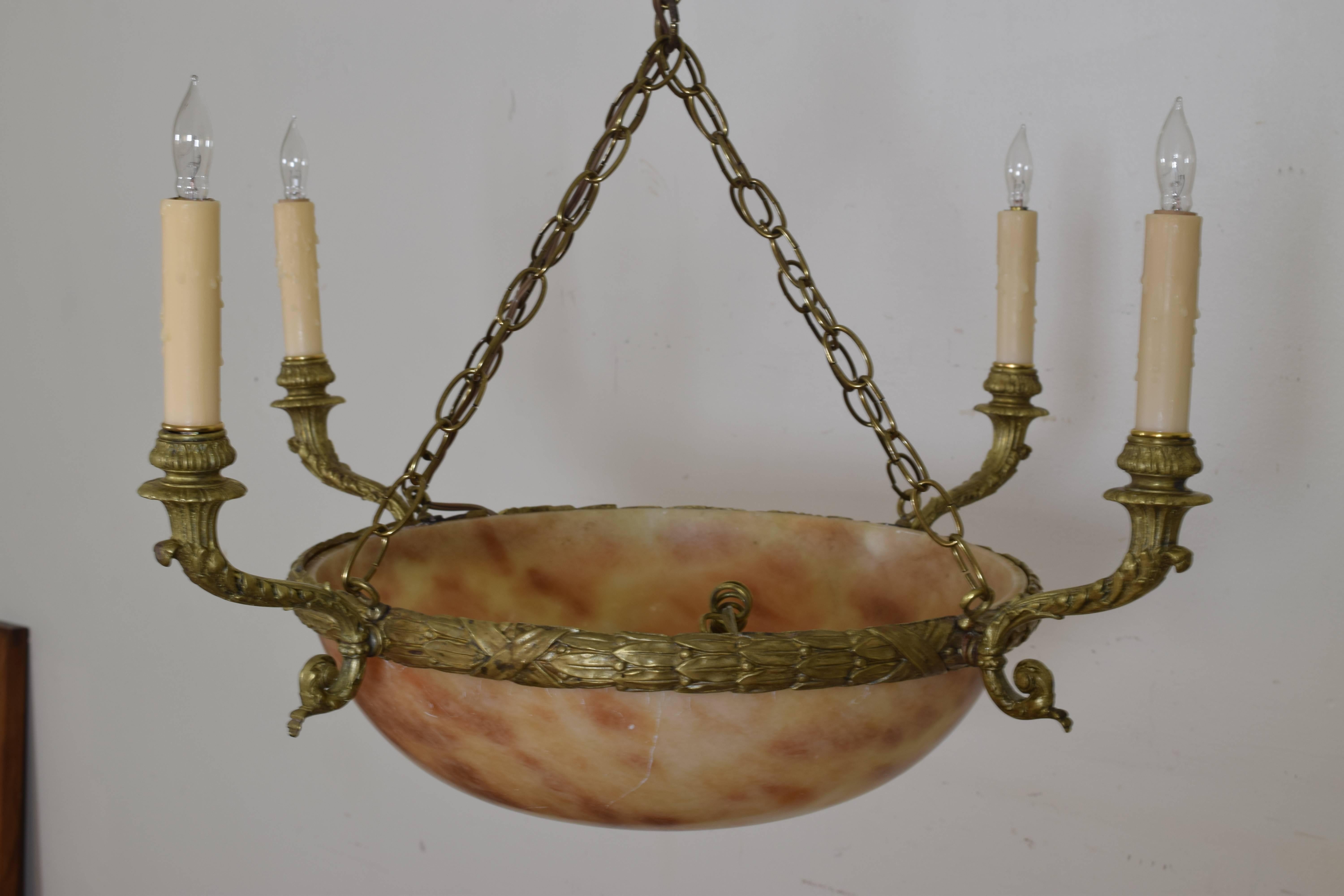 20th Century French Neoclassic Alabaster and Brass Lantern Chandelier