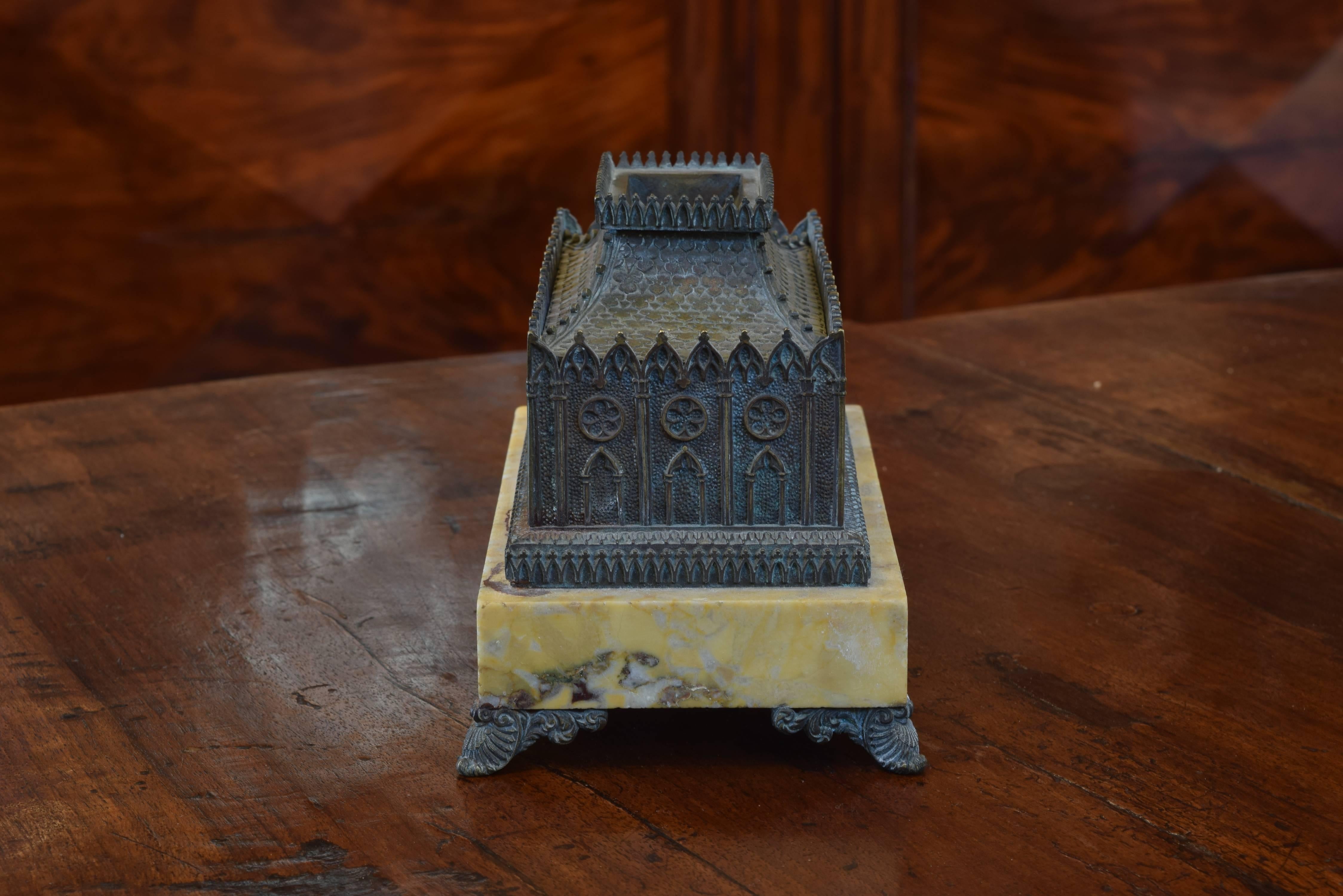 Gothic Revival Italian Patinated Brass and Marble Architectural Model Inkwell, circa 1875 For Sale