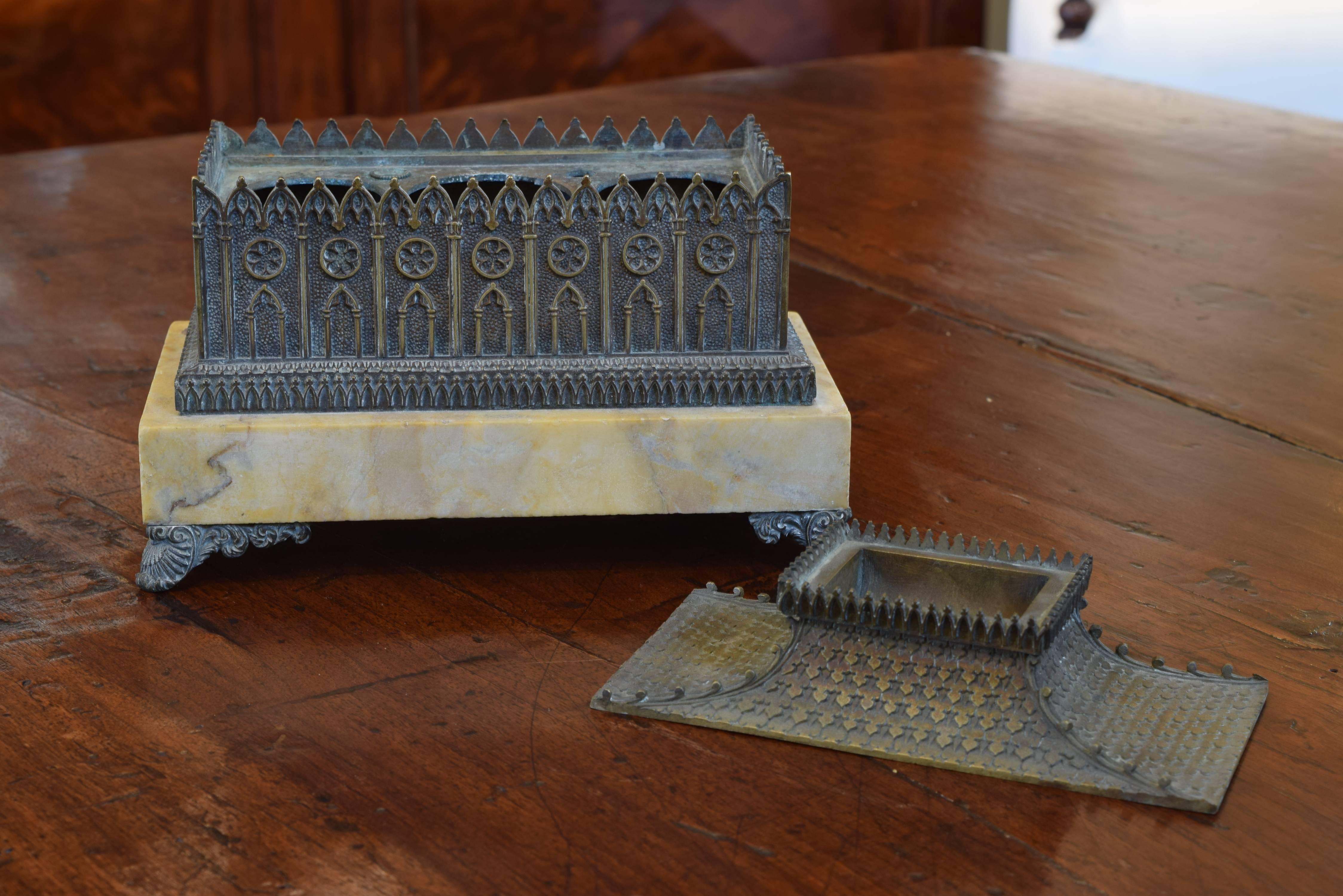 French Italian Patinated Brass and Marble Architectural Model Inkwell, circa 1875 For Sale